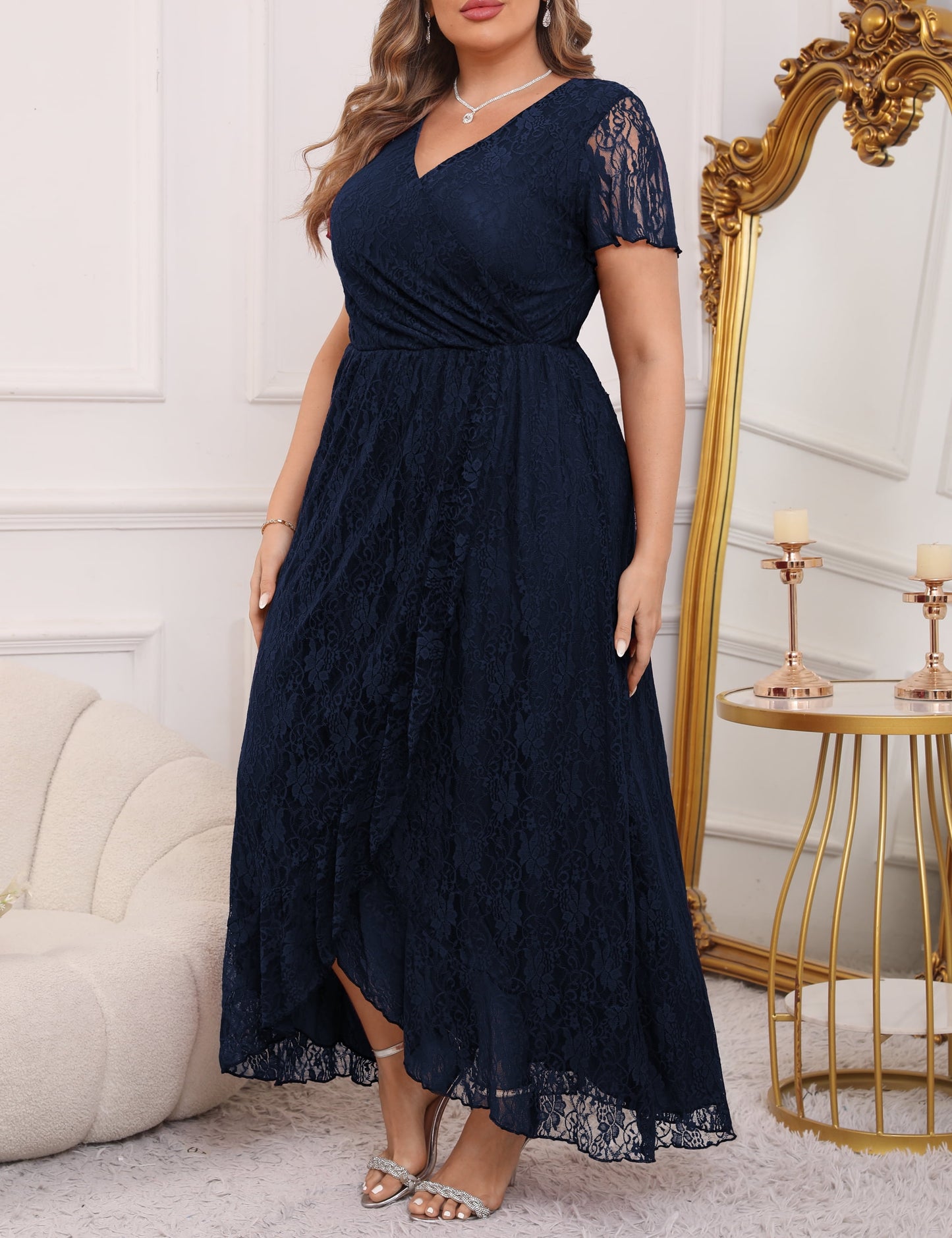 a.Jesdani Women's Plus Size Formal Dresses Lace V Neck Ruffles Sleeves Wedding Guest Dresses L-4X