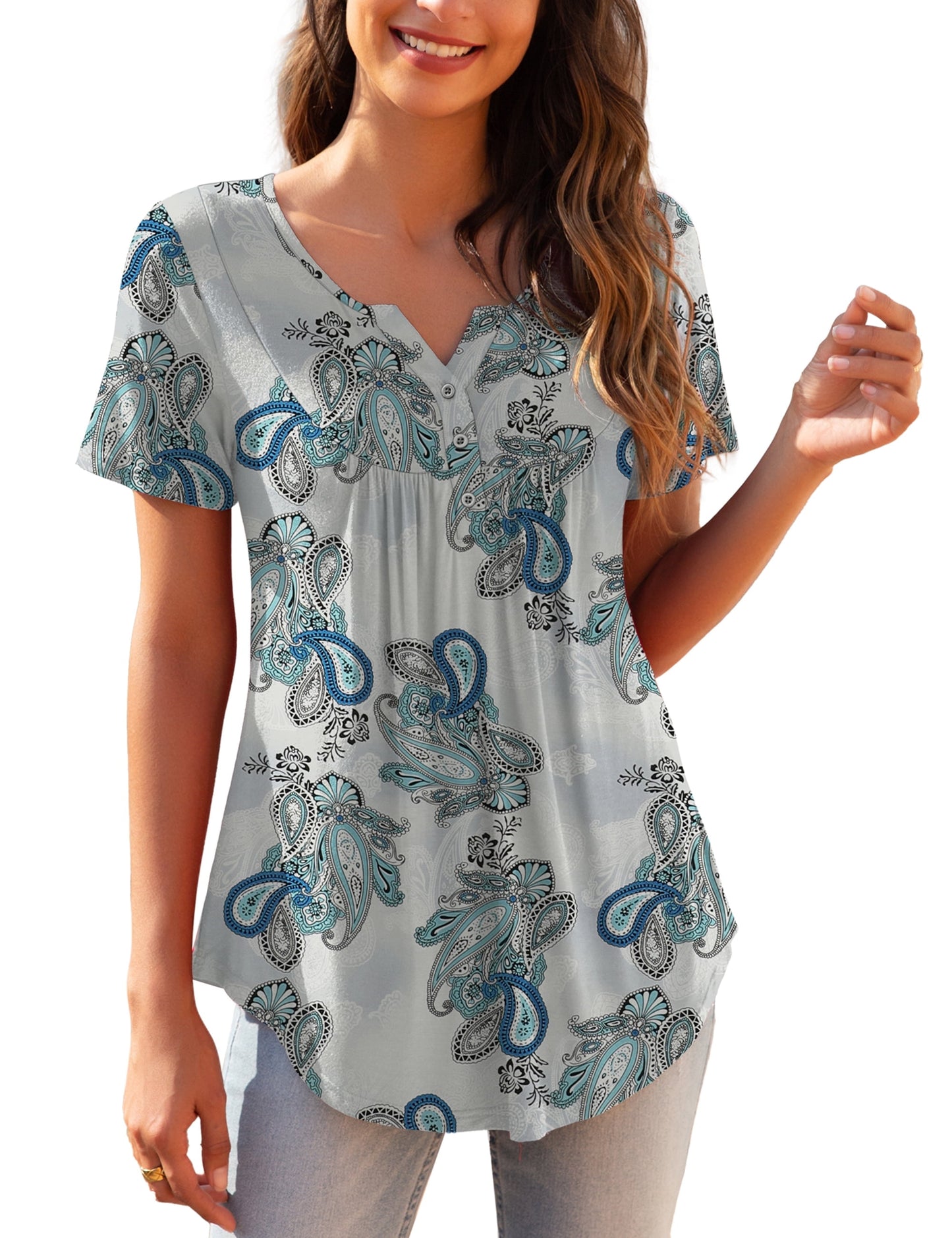 a.Jesdani Womens Plus Size Tunic Tops Short Sleeve Casual Floral Henley Shirts m-4x