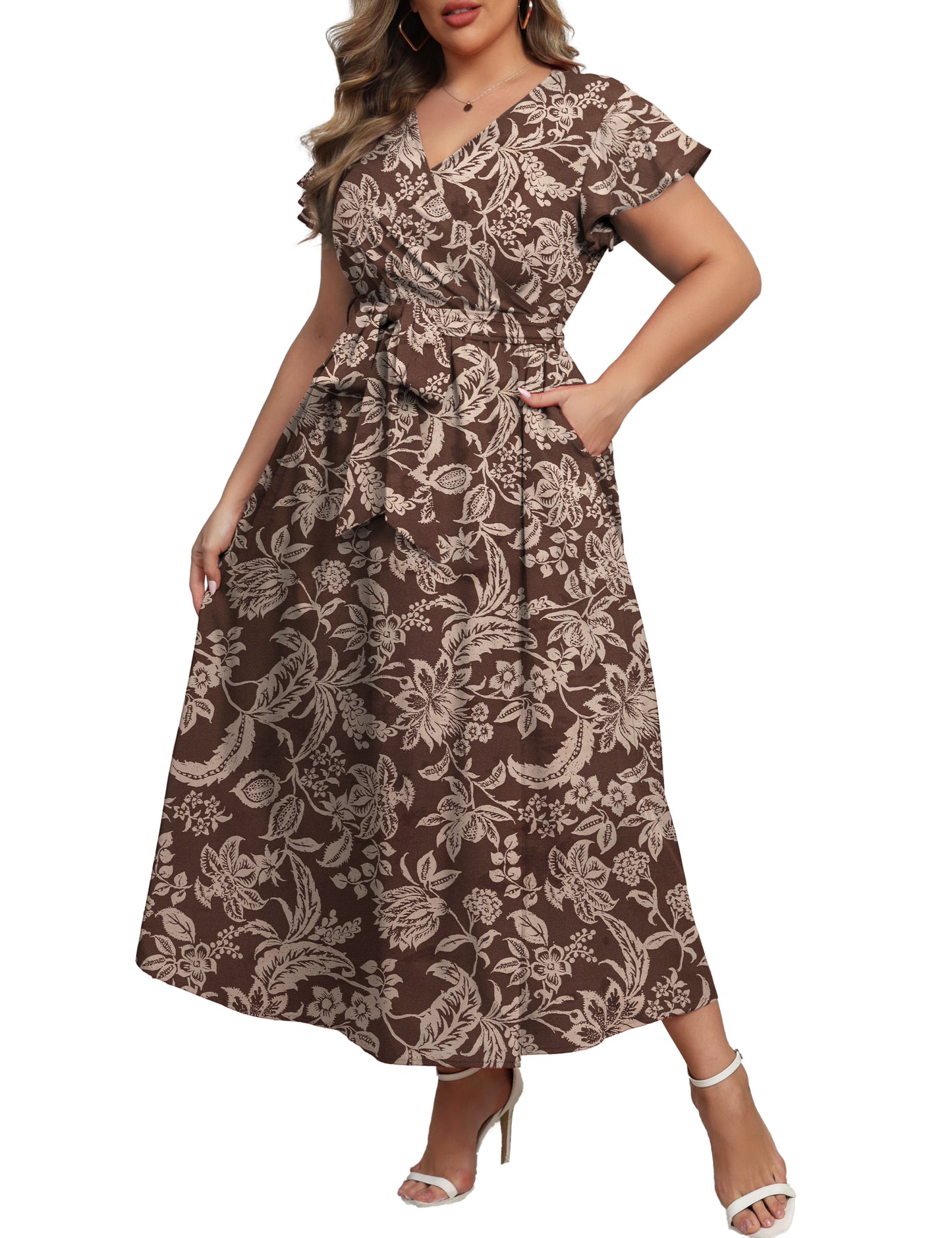 a.Jesdani Women's Plus Size Maxi Dress Boho Floral Butterfly Sleeve V Neck Flowy Maxi Dress Party Wedding Guest Dress L-4X
