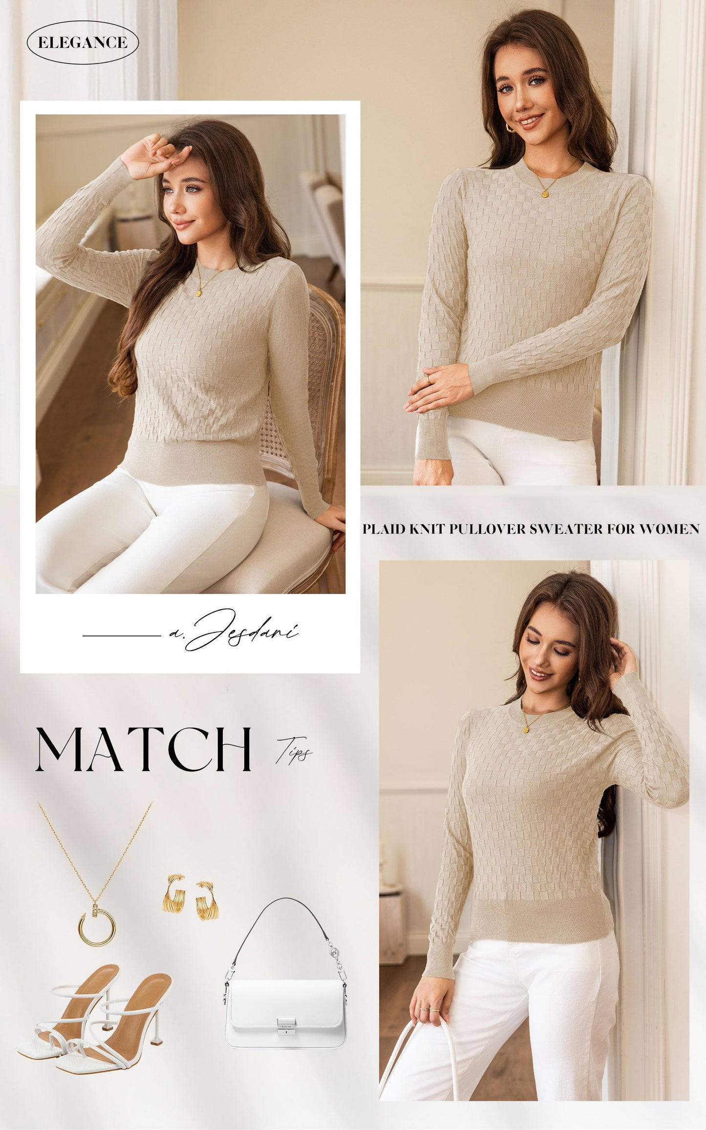 a.Jesdani Womens Sweaters Soft Checkered Pullover Sweater Fall Long Sleeve Knit Sweaters S-XXL