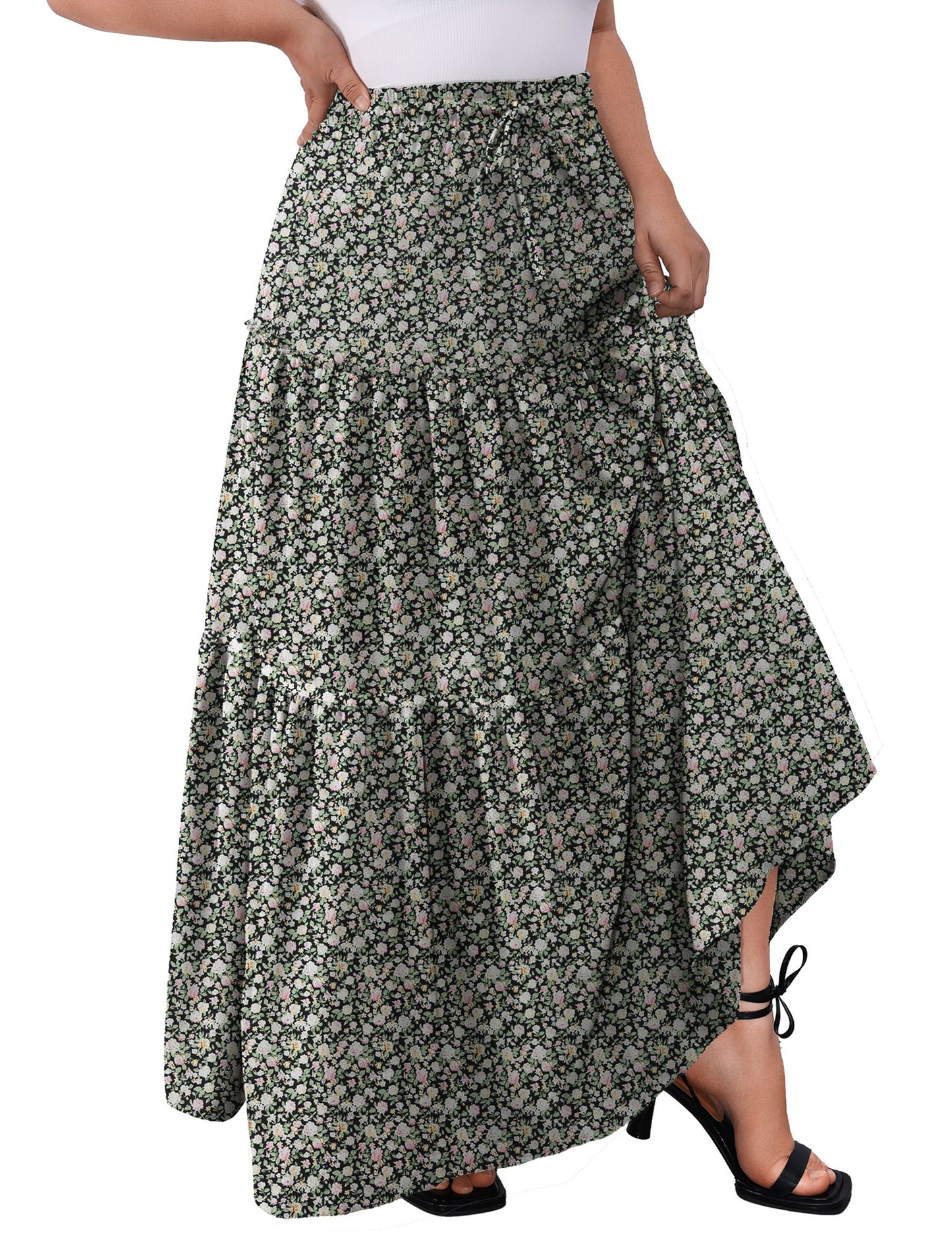a.Jesdani Women Plus size Long Maxi Skirts Elastic High Waist A Line Ruffle Swing Beach Maxi Skirt L-4x