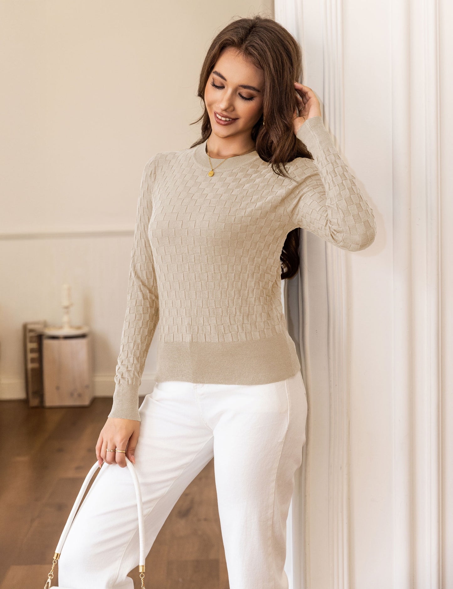 a.Jesdani Womens Sweaters Soft Checkered Pullover Sweater Fall Long Sleeve Knit Sweaters S-XXL