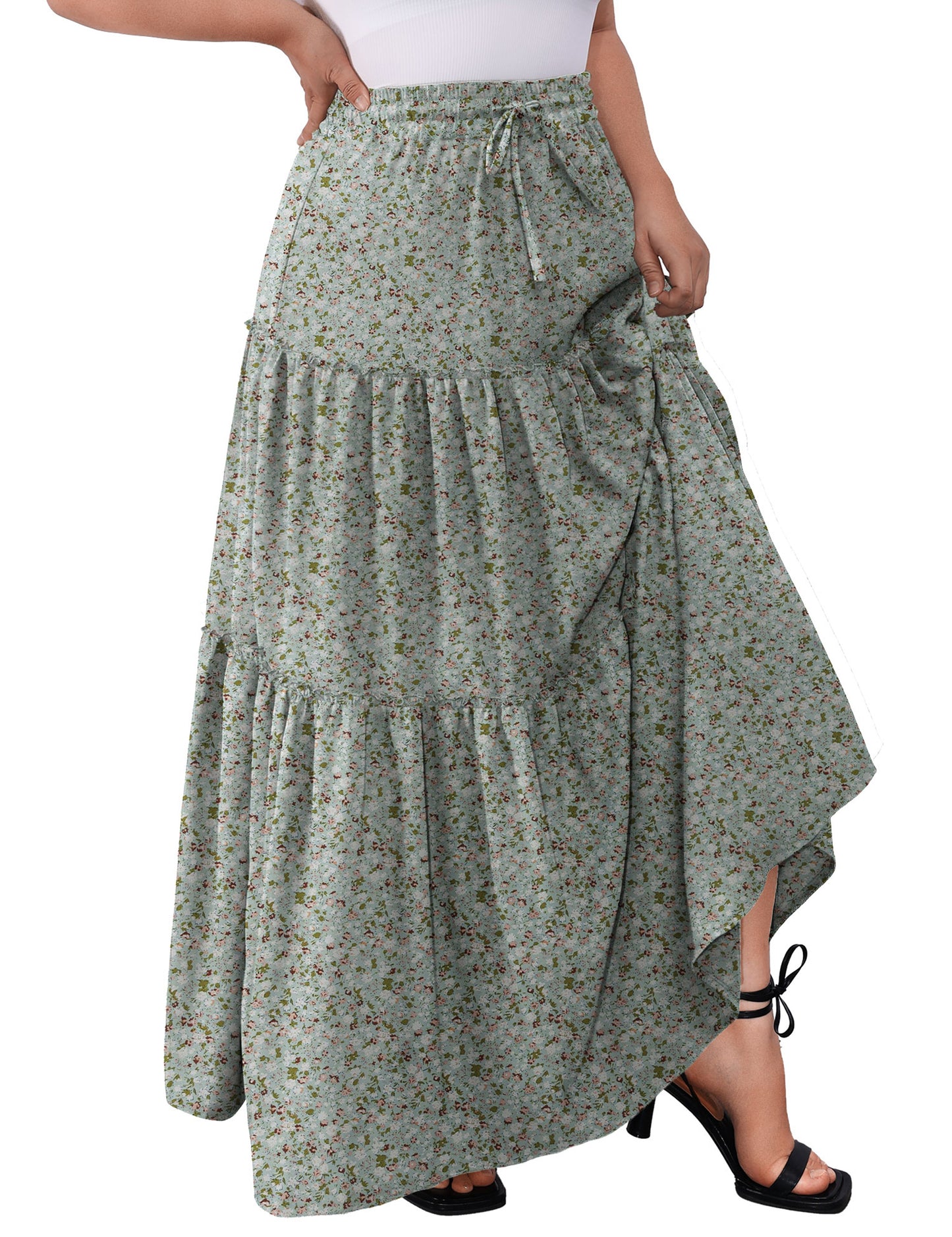 a.Jesdani Women Plus size Long Maxi Skirts Elastic High Waist A Line Ruffle Swing Beach Maxi Skirt L-4x