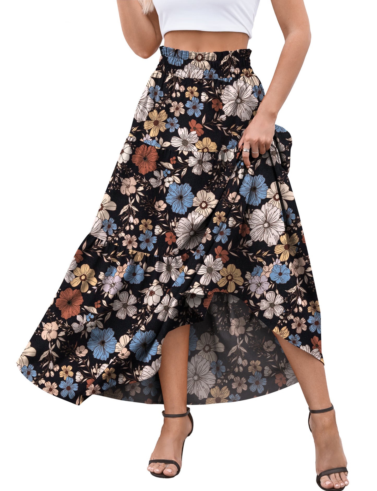a.Jesdani Womens Maxi Skirts Casual Elastic High Waist Swing Tiered Beach Maxi Skirt s-xxl