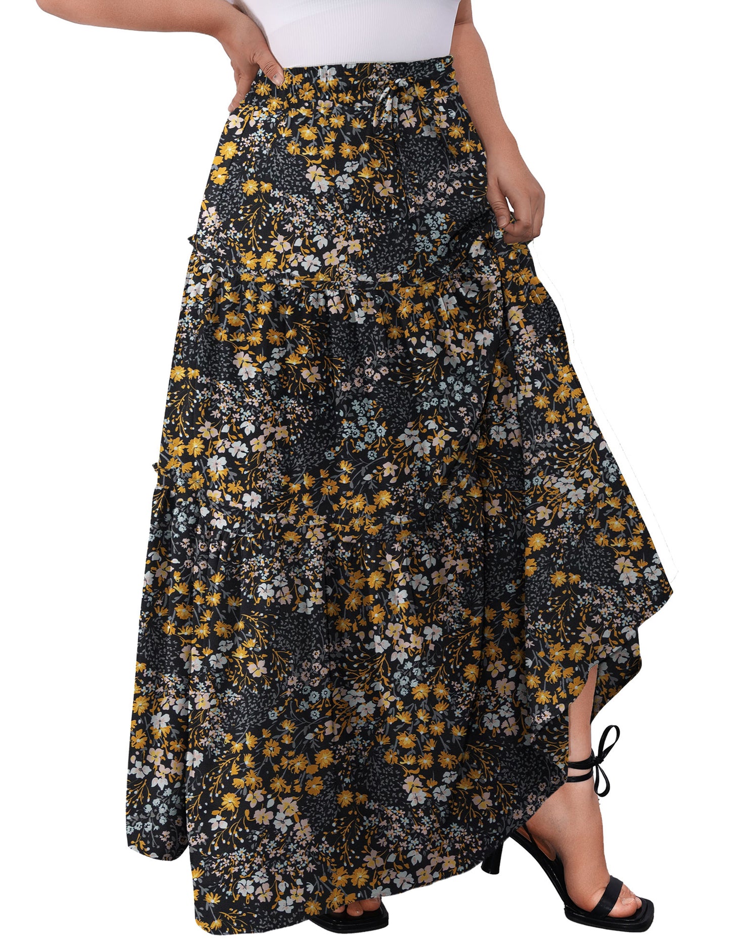a.Jesdani Women Plus size Long Maxi Skirts Elastic High Waist A Line Ruffle Swing Beach Maxi Skirt L-4x