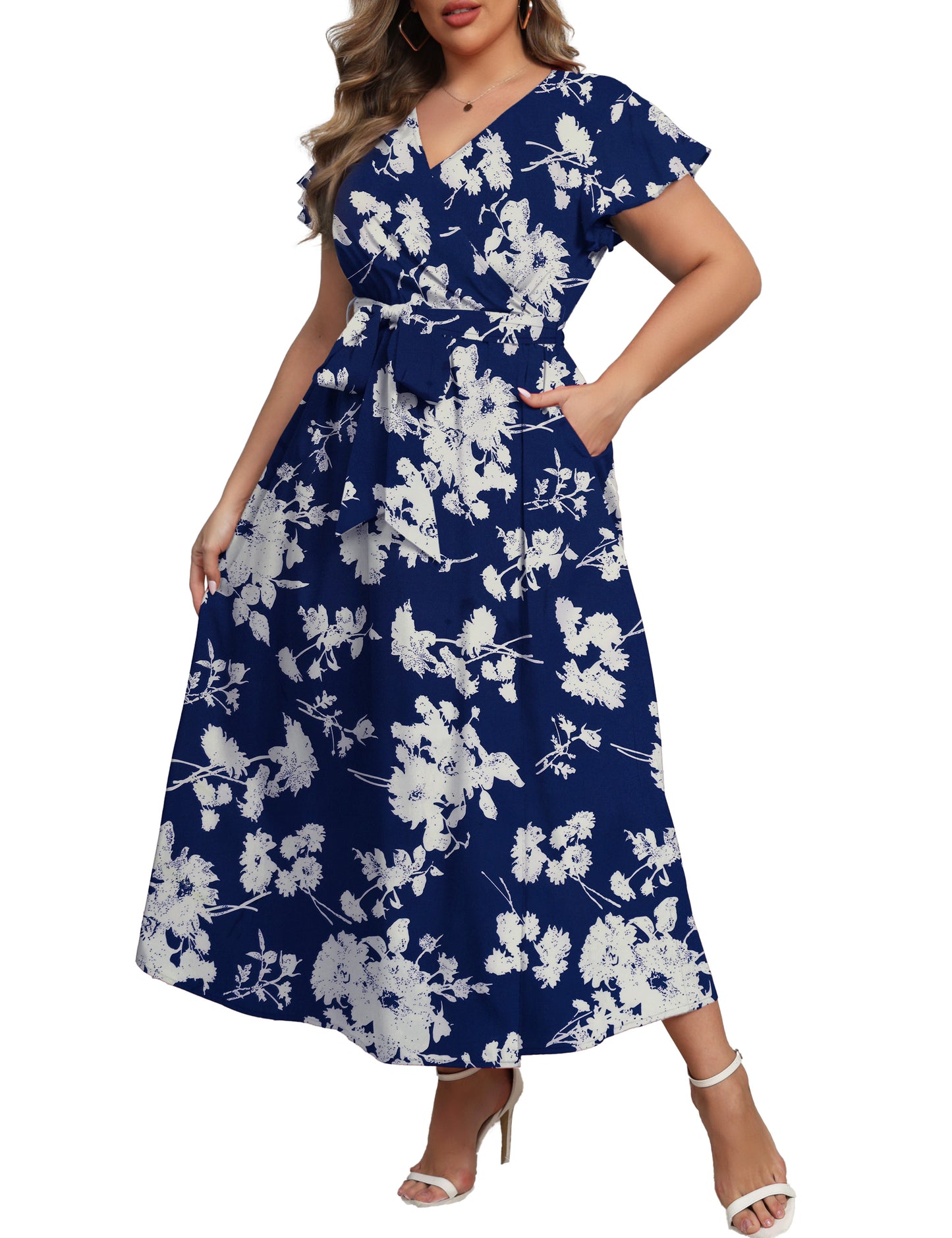 a.Jesdani Women's Plus Size Maxi Dress Boho Floral Butterfly Sleeve V Neck Flowy Maxi Dress Party Wedding Guest Dress L-4X