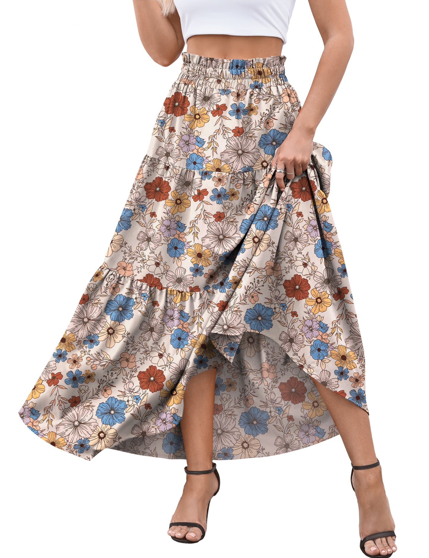 a.Jesdani Womens Maxi Skirts Casual Elastic High Waist Swing Tiered Beach Maxi Skirt s-xxl