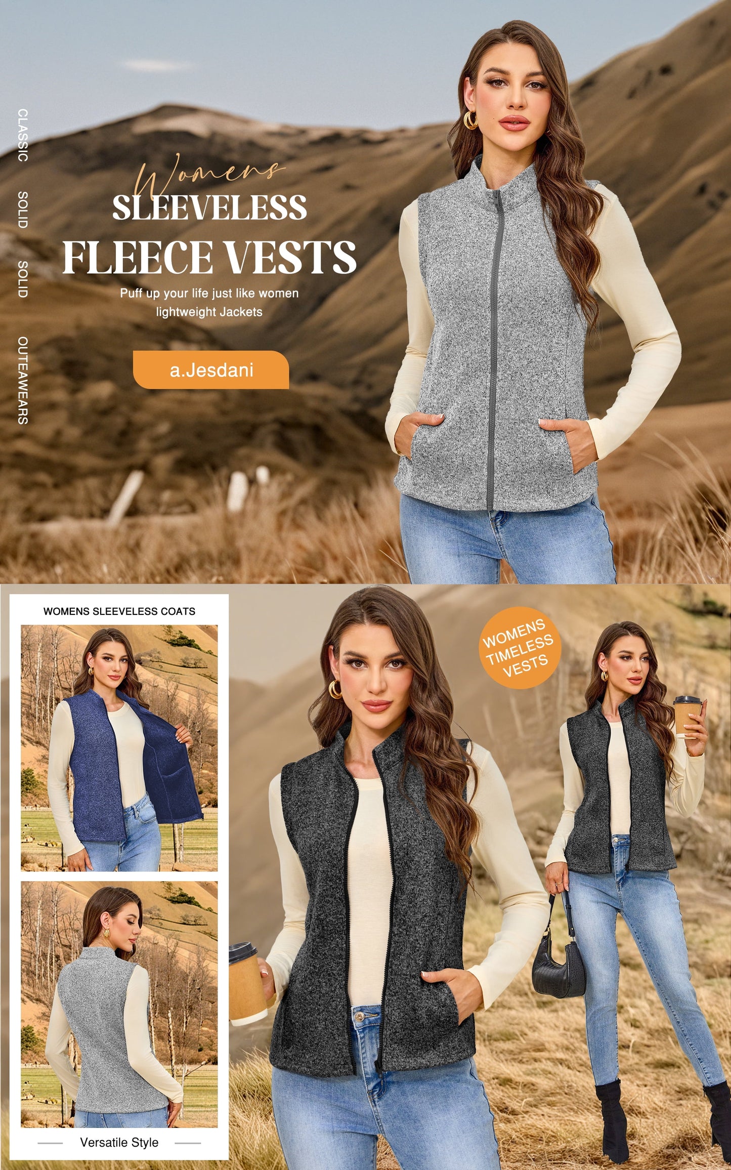 a.Jesdani Womens Fleece Vests lightweight Soft Fleece Vest Zip Jackets with Pockets M-3XL