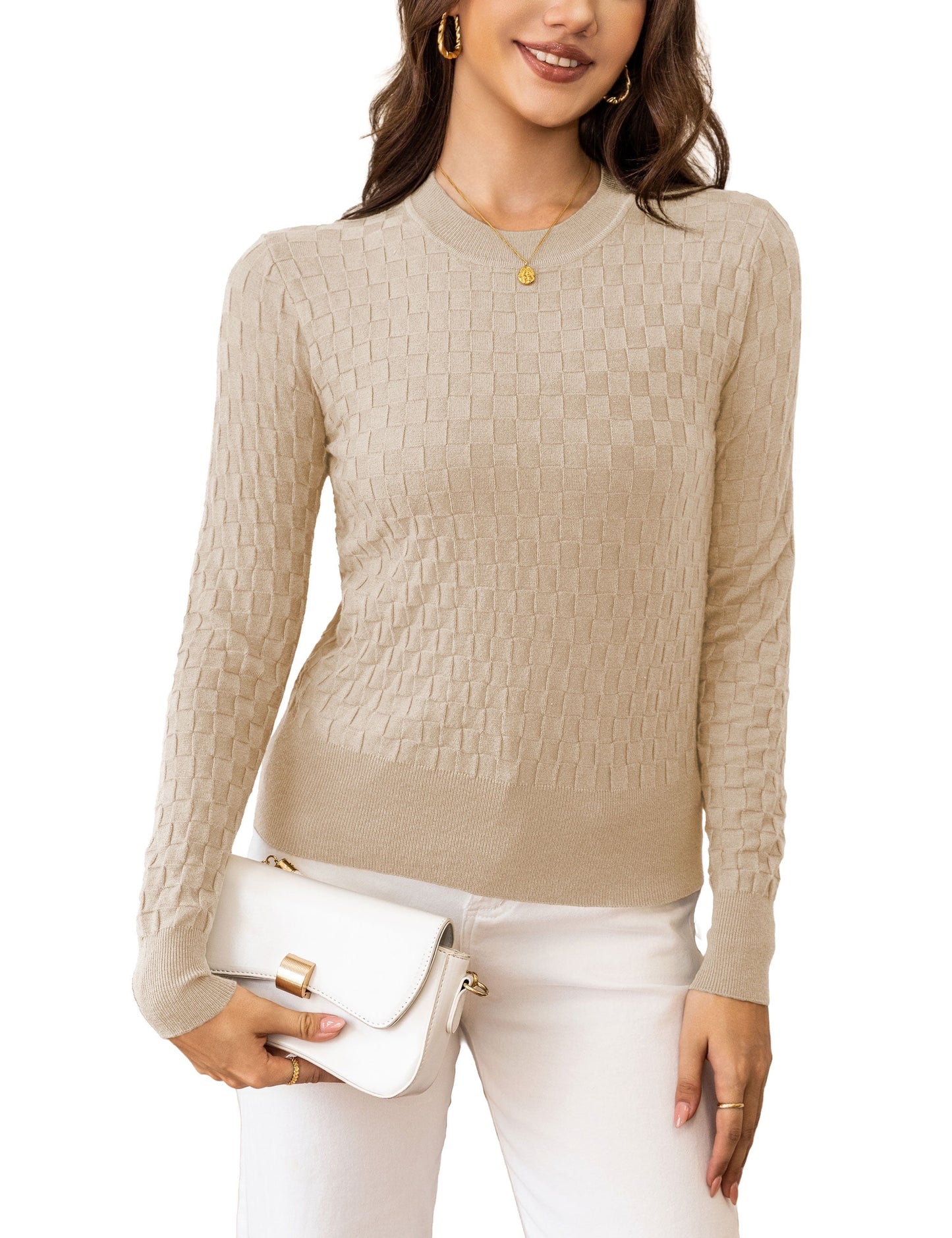 a.Jesdani Womens Sweaters Soft Checkered Pullover Sweater Fall Long Sleeve Knit Sweaters S-XXL