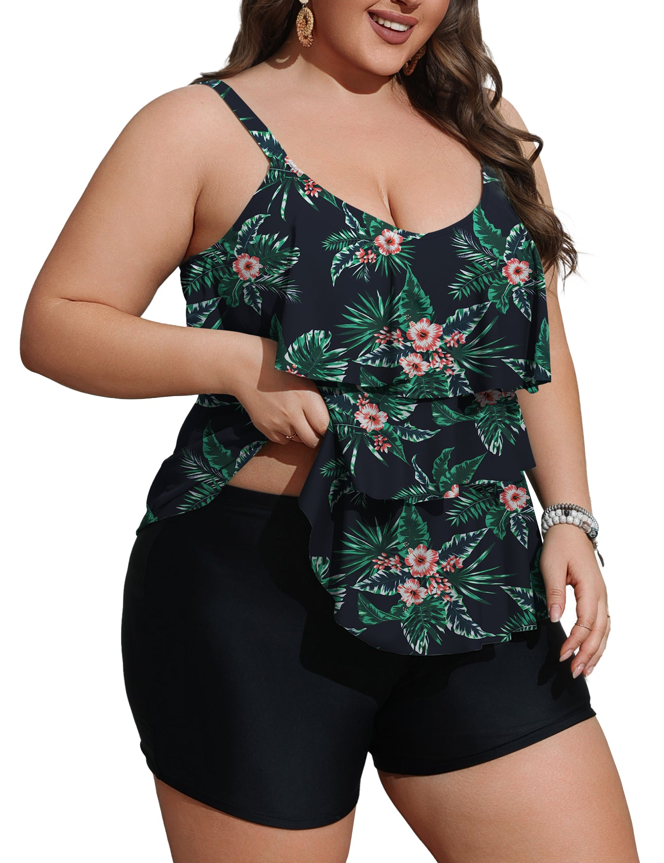 a.Jesdani Women Plus Size Tankini Swimsuits Tummy Control Two Piece Bathing Suit Ruffled Flounce Swimwear with Shorts 0X-5X