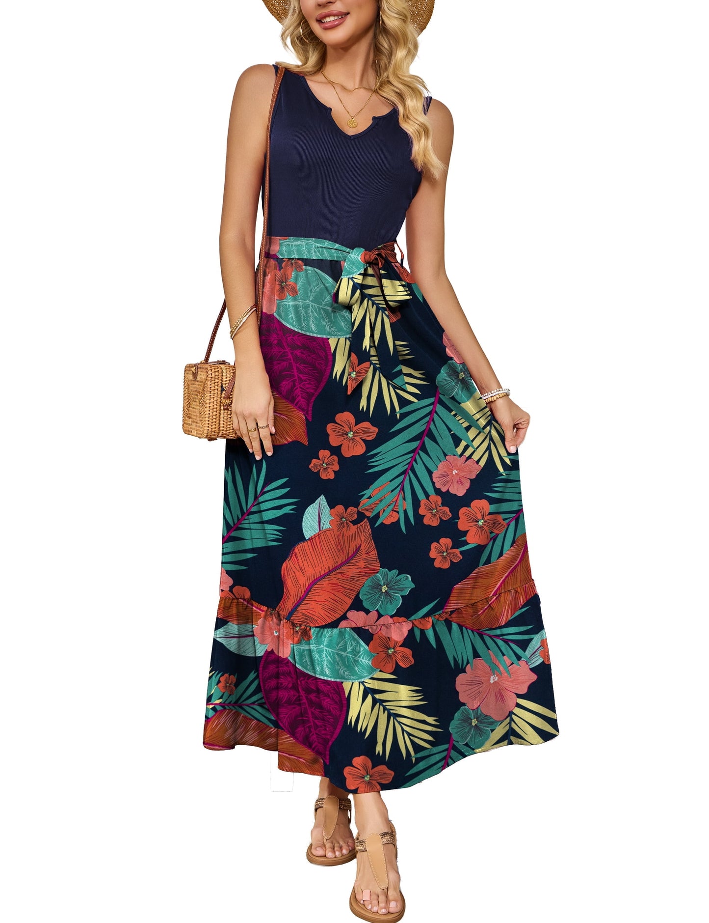 a.Jesdani Women Casual Dresses Sleeveless Ribbed Loose Long Maxi Dresses with Pockets S-XXL