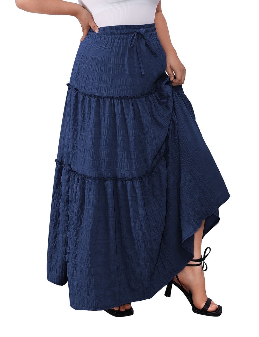 a.Jesdani Women Plus size Long Maxi Skirts Elastic High Waist A Line Ruffle Swing Beach Maxi Skirt L-4x