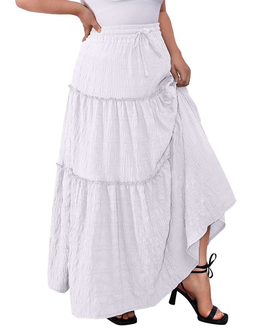 a.Jesdani Women Plus size Long Maxi Skirts Elastic High Waist A Line Ruffle Swing Beach Maxi Skirt L-4x