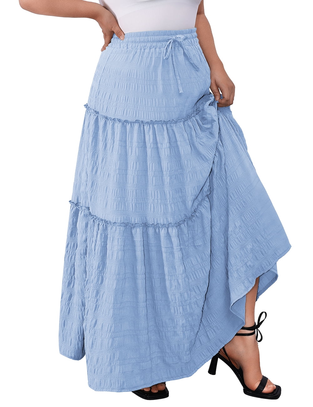 a.Jesdani Women Plus size Long Maxi Skirts Elastic High Waist A Line Ruffle Swing Beach Maxi Skirt L-4x