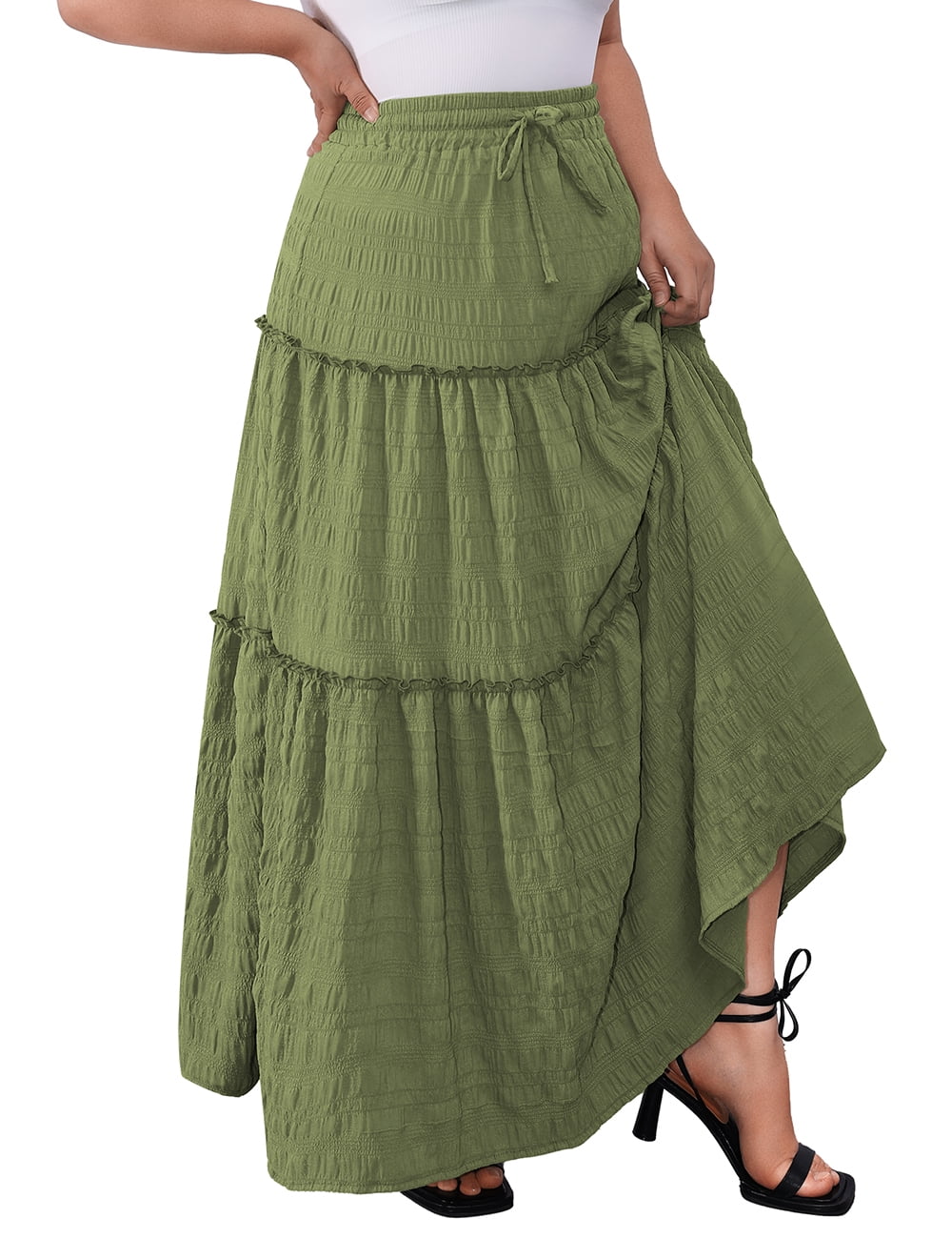 a.Jesdani Women Plus size Long Maxi Skirts Elastic High Waist A Line Ruffle Swing Beach Maxi Skirt L-4x