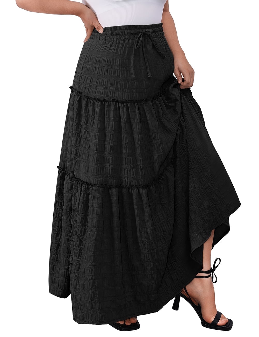 a.Jesdani Women Plus size Long Maxi Skirts Elastic High Waist A Line Ruffle Swing Beach Maxi Skirt L-4x