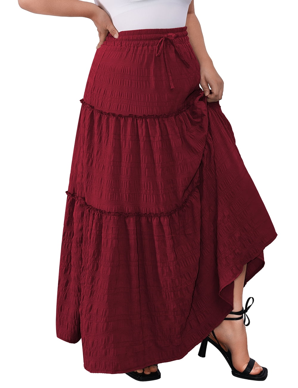 a.Jesdani Women Plus size Long Maxi Skirts Elastic High Waist A Line Ruffle Swing Beach Maxi Skirt L-4x