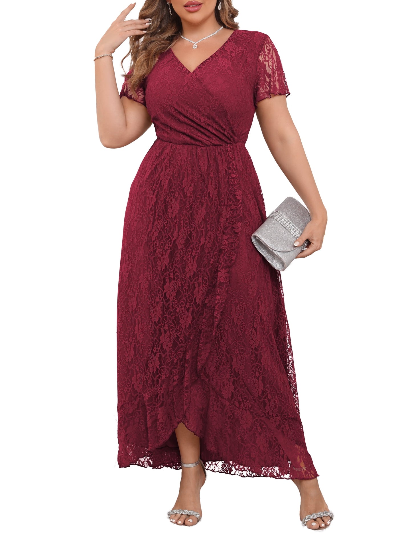 a.Jesdani Women's Plus Size Formal Dresses Lace V Neck Ruffles Sleeves Wedding Guest Dresses L-4X