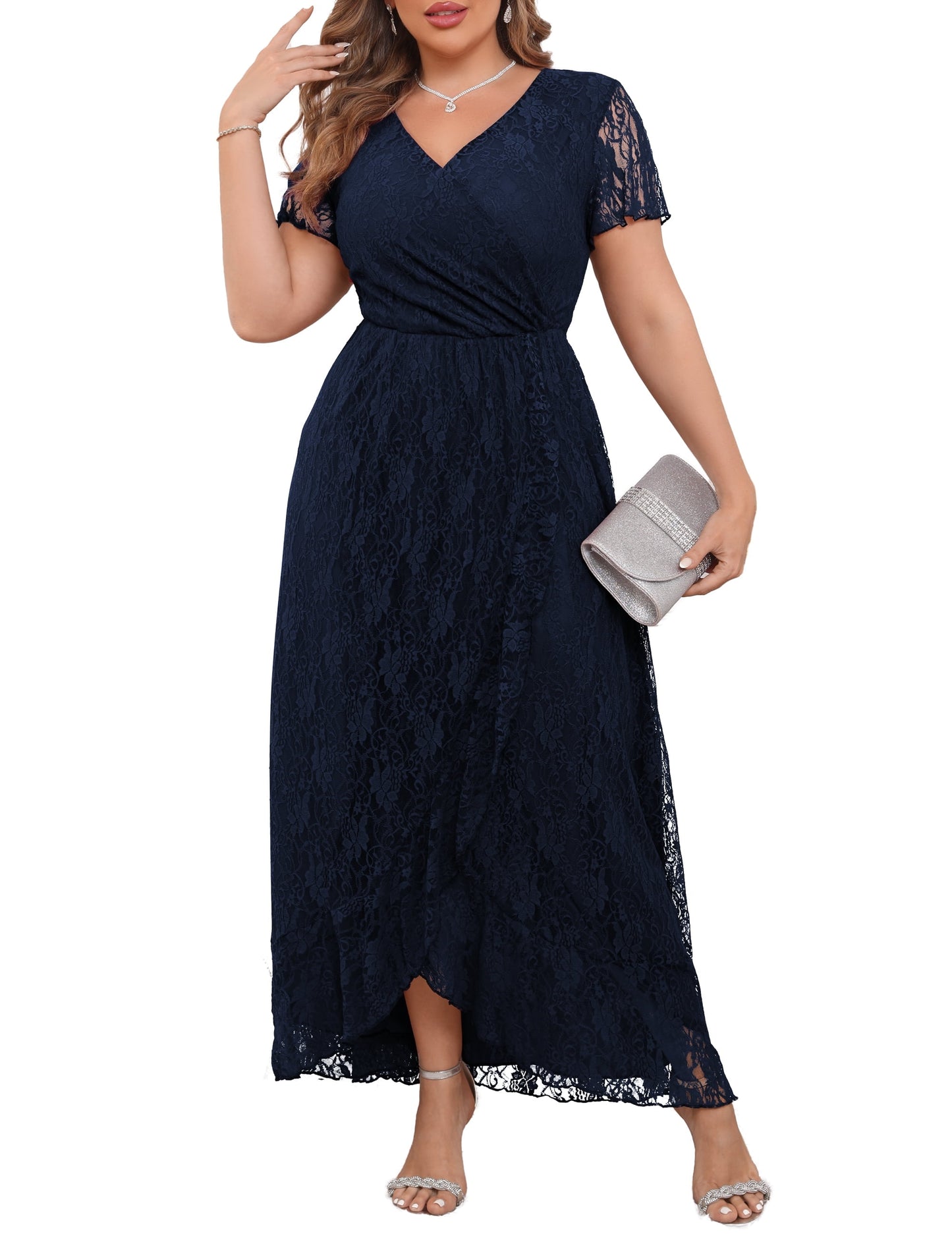 a.Jesdani Women's Plus Size Formal Dresses Lace V Neck Ruffles Sleeves Wedding Guest Dresses L-4X