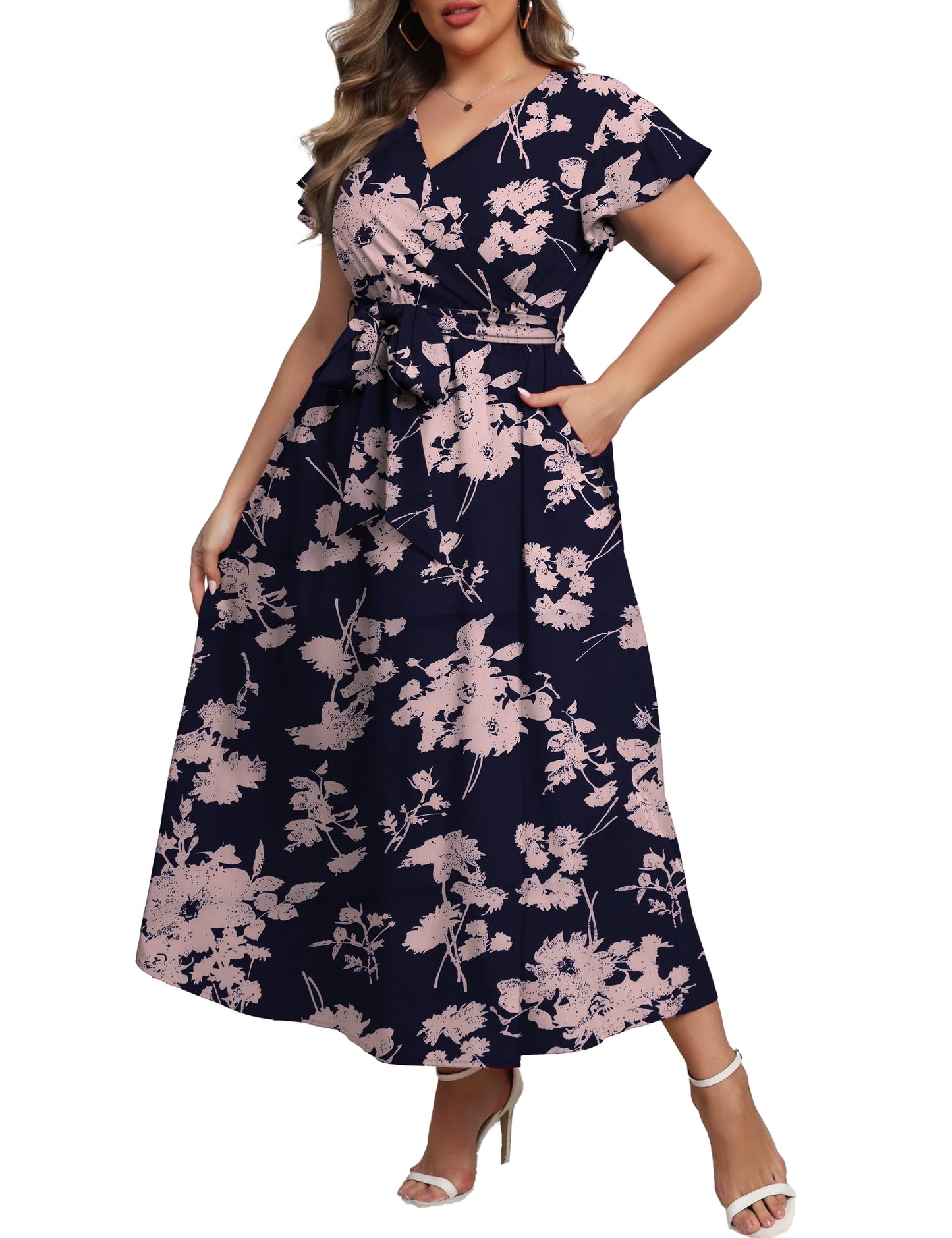 a.Jesdani Women's Plus Size Maxi Dress Boho Floral Butterfly Sleeve V Neck Flowy Maxi Dress Party Wedding Guest Dress L-4X