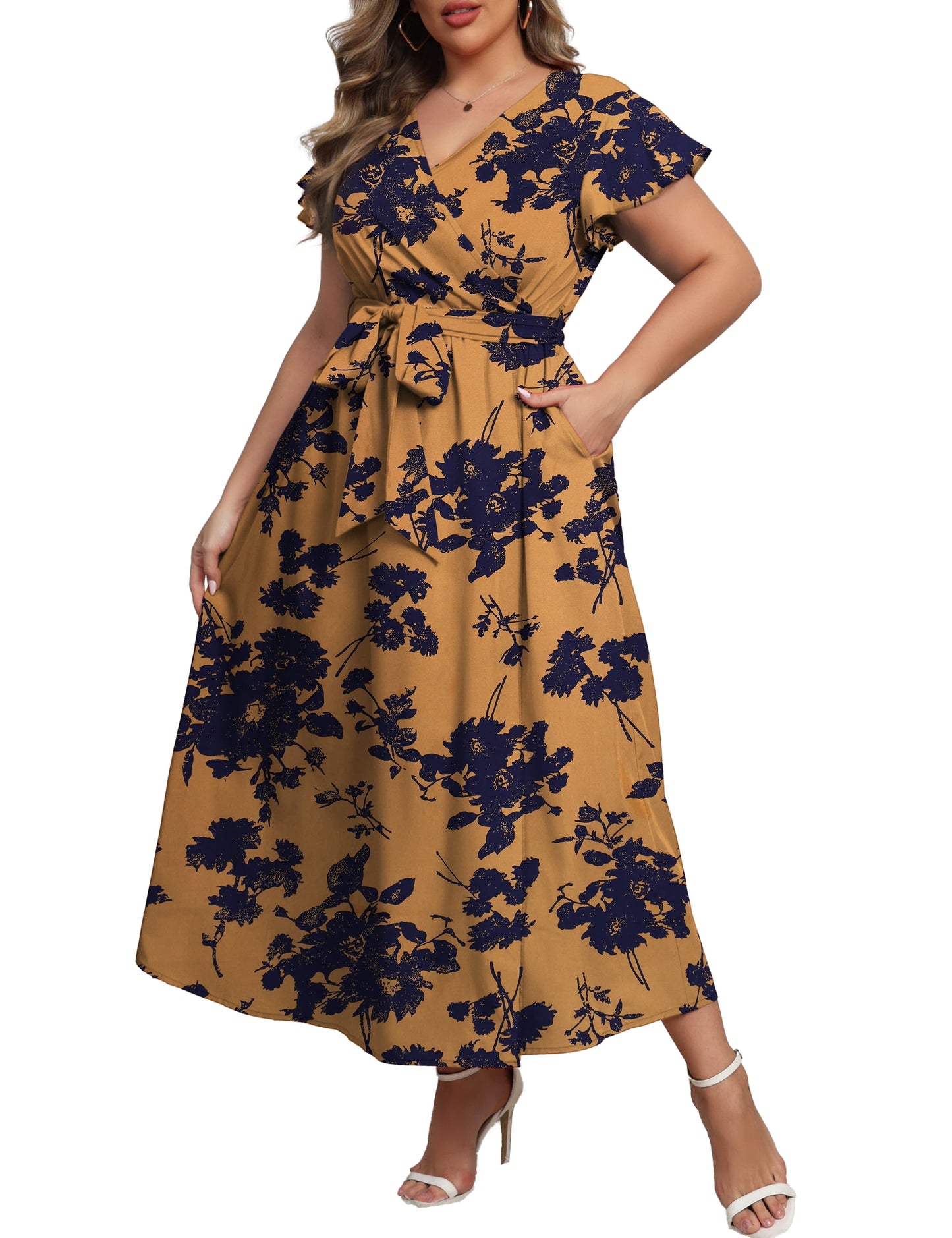 a.Jesdani Women's Plus Size Maxi Dress Boho Floral Butterfly Sleeve V Neck Flowy Maxi Dress Party Wedding Guest Dress L-4X