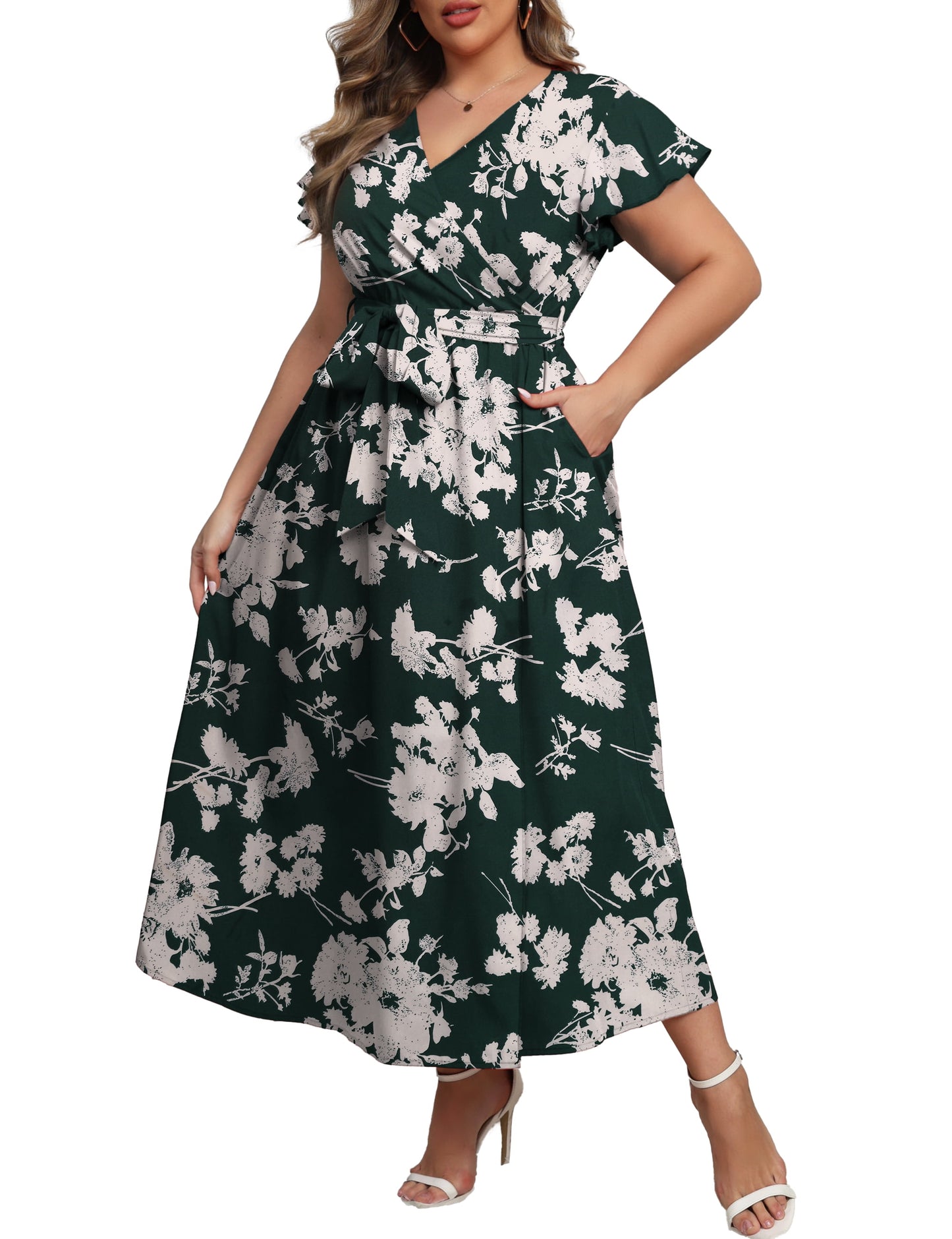 a.Jesdani Women's Plus Size Maxi Dress Boho Floral Butterfly Sleeve V Neck Flowy Maxi Dress Party Wedding Guest Dress L-4X
