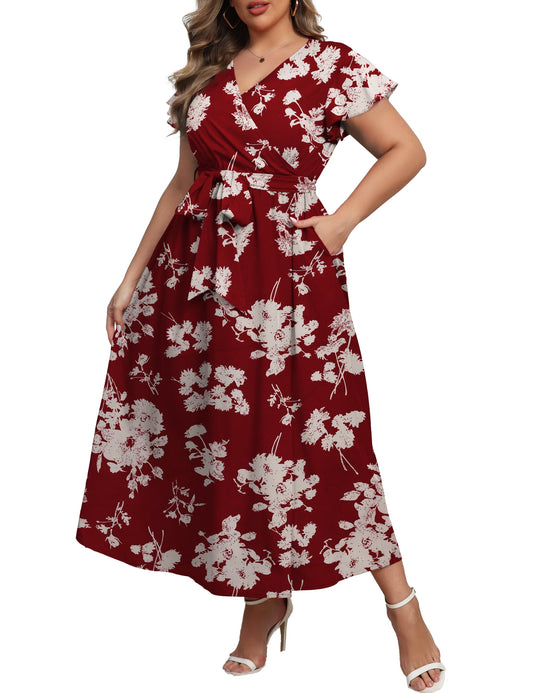 a.Jesdani Women's Plus Size Maxi Dress Boho Floral Butterfly Sleeve V Neck Flowy Maxi Dress Party Wedding Guest Dress L-4X