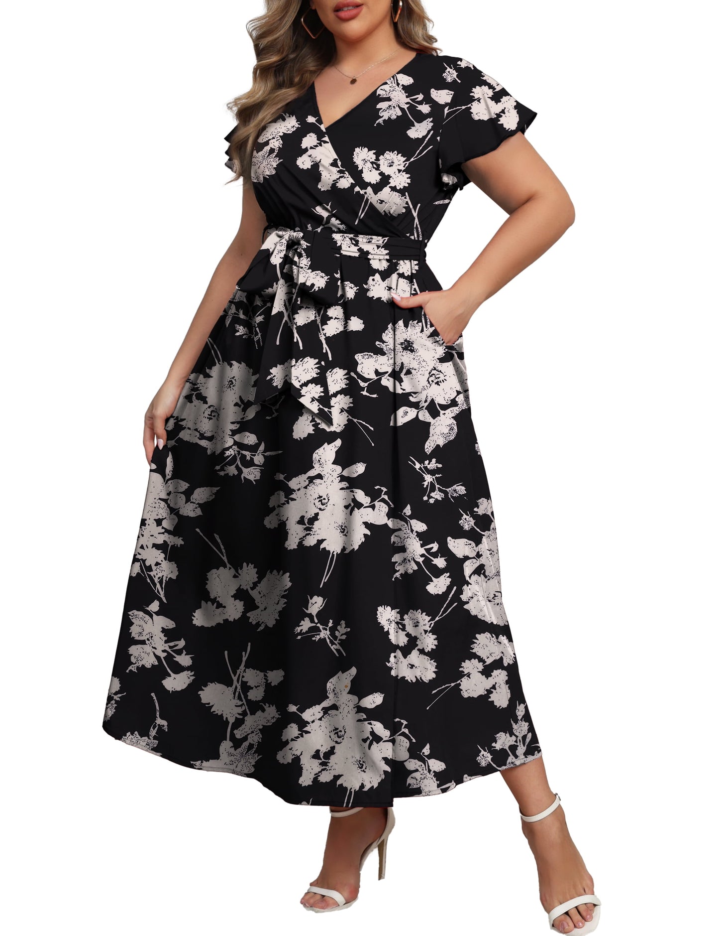a.Jesdani Women's Plus Size Maxi Dress Boho Floral Butterfly Sleeve V Neck Flowy Maxi Dress Party Wedding Guest Dress L-4X