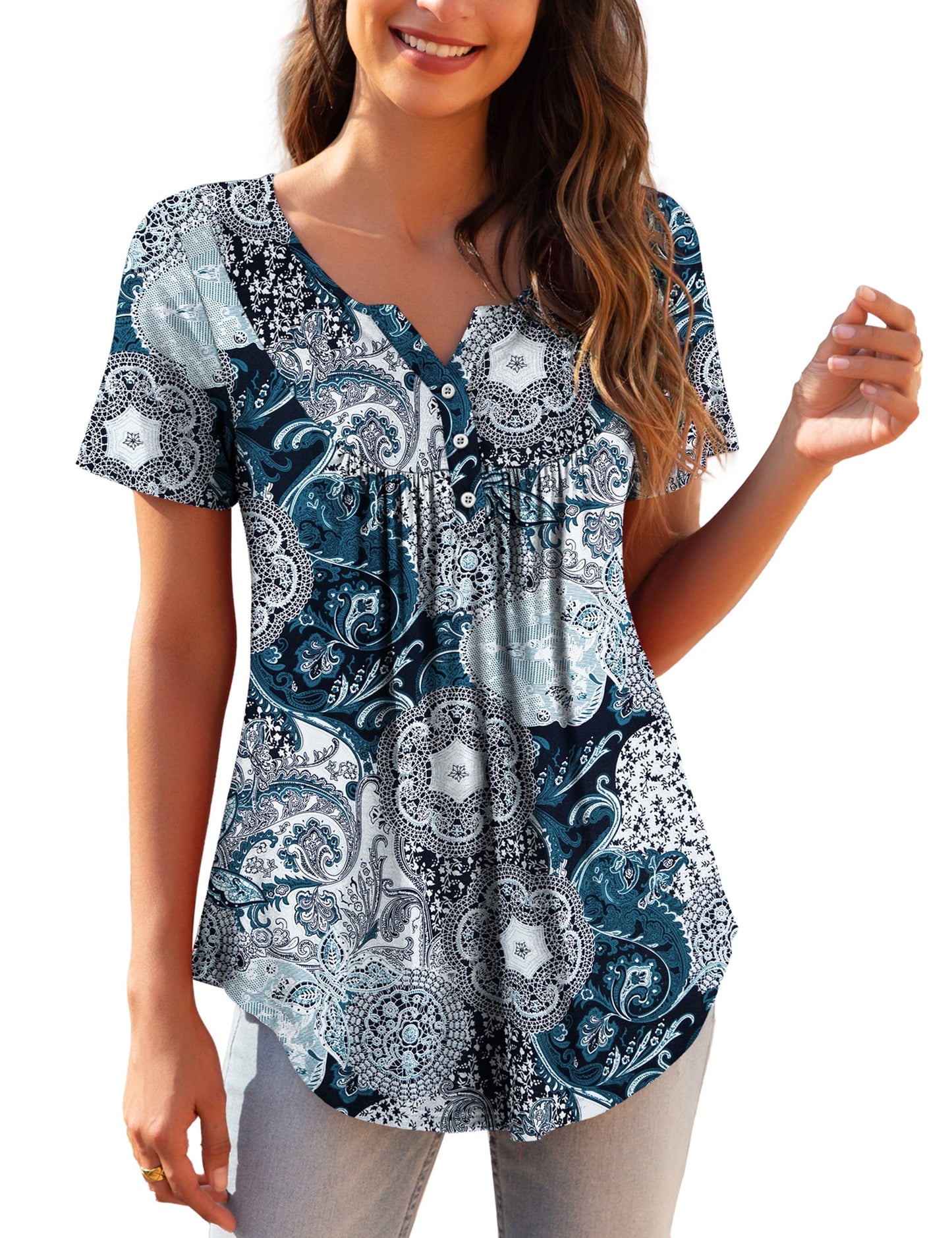 a.Jesdani Womens Plus Size Tunic Tops Short Sleeve Casual Floral Henley Shirts m-4x