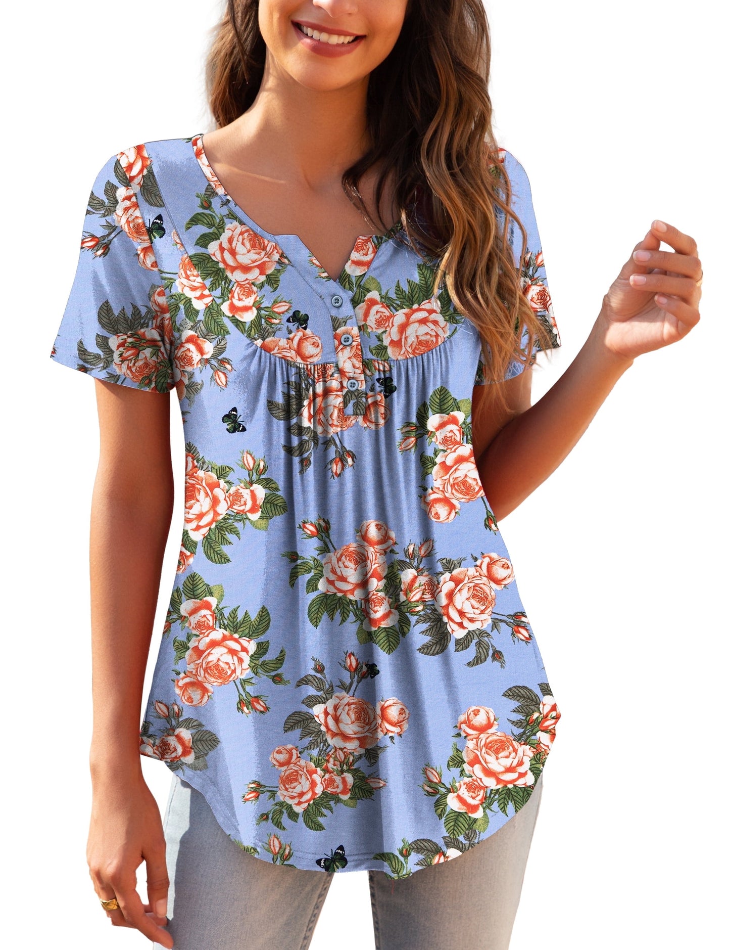 a.Jesdani Womens Plus Size Tunic Tops Short Sleeve Casual Floral Henley Shirts m-4x