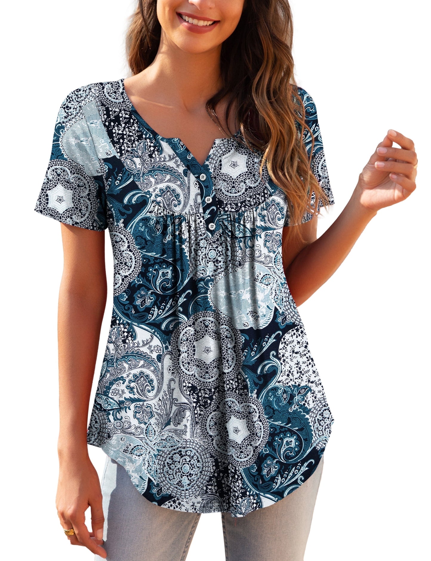 a.Jesdani Womens Plus Size Tunic Tops Short Sleeve Casual Floral Henley Shirts m-4x