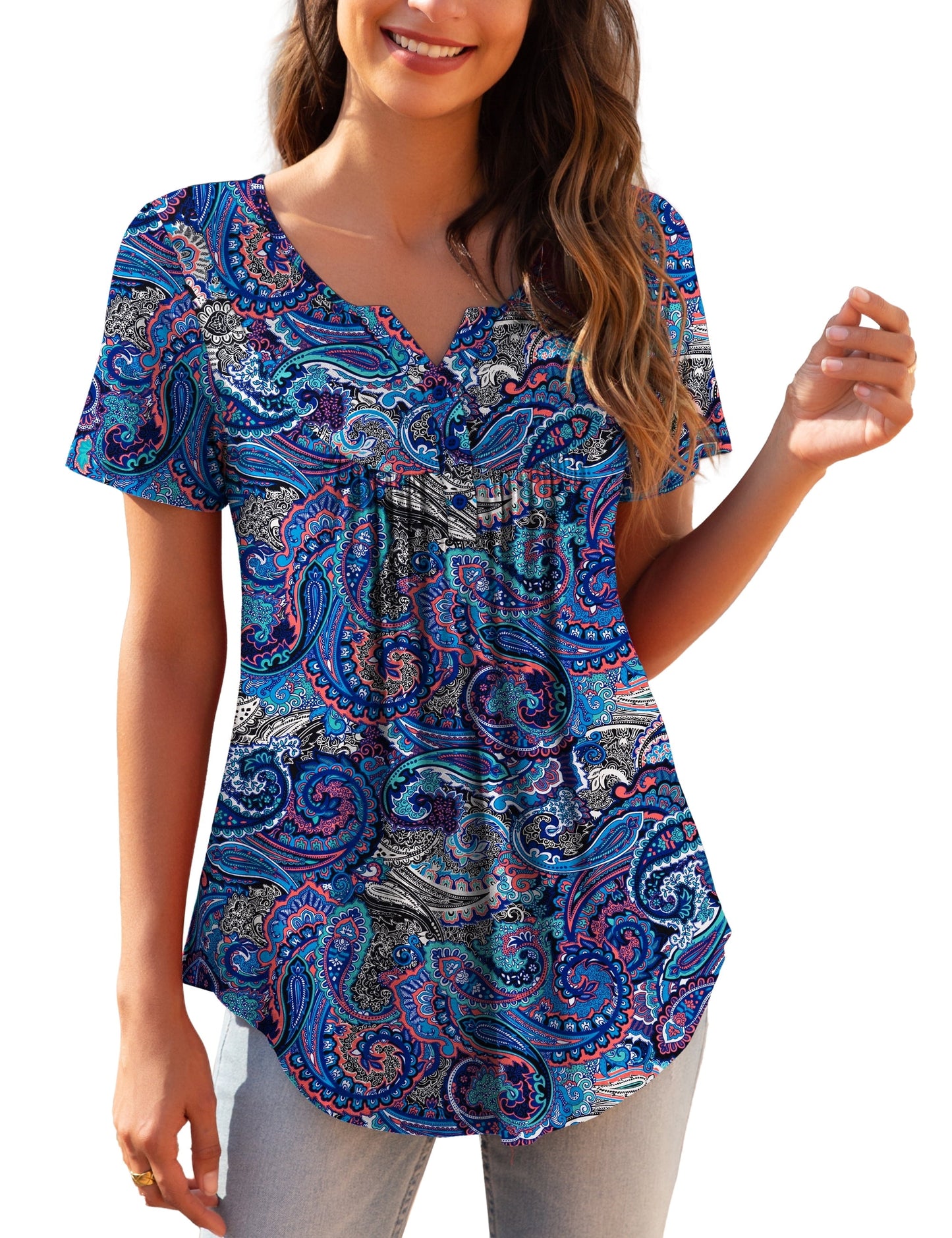 a.Jesdani Womens Plus Size Tunic Tops Short Sleeve Casual Floral Henley Shirts m-4x