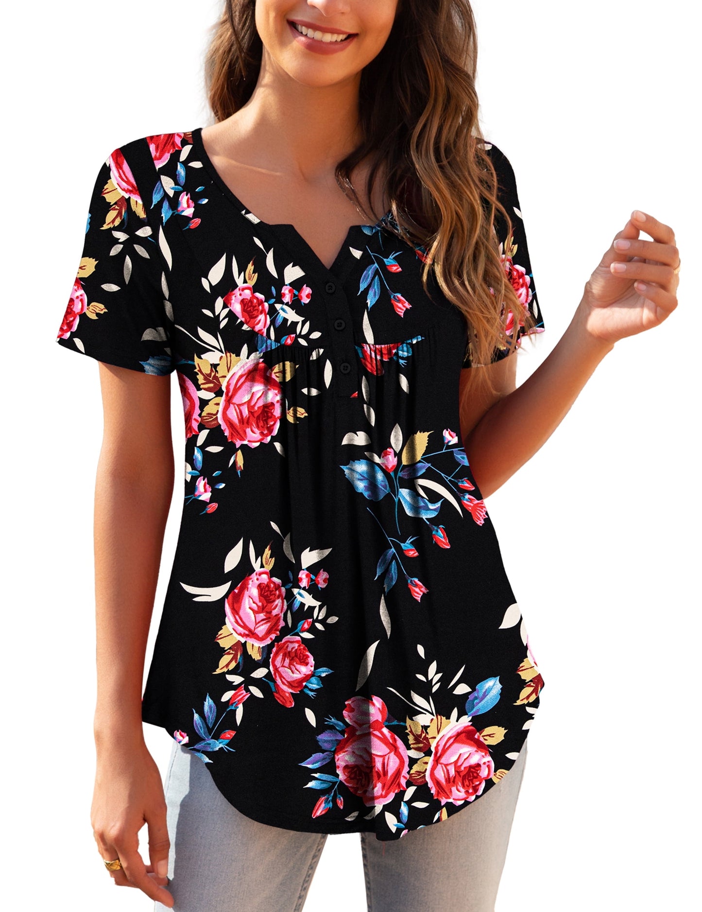 a.Jesdani Womens Plus Size Tunic Tops Short Sleeve Casual Floral Henley Shirts m-4x