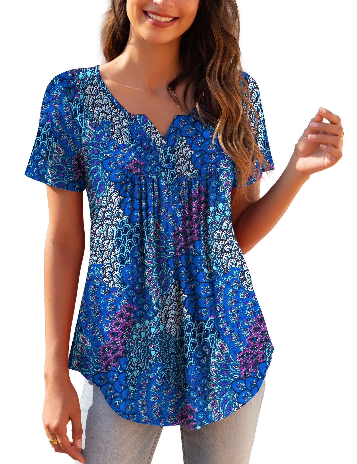 a.Jesdani Womens Plus Size Tunic Tops Short Sleeve Casual Floral Henley Shirts m-4x