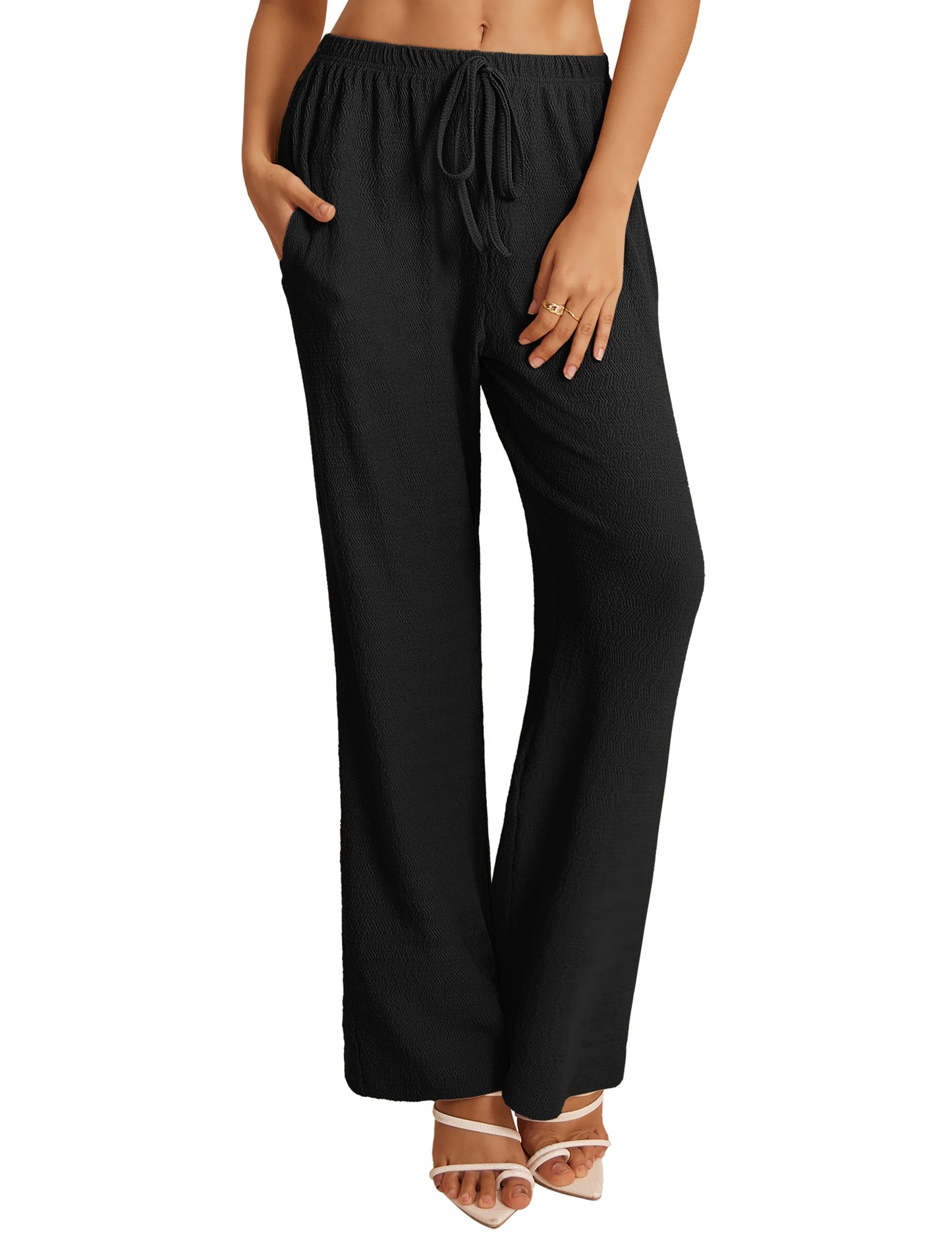 a.Jesdani Women's Wide Leg Pants with Pockets Casual Drawstring Elastic Waist Trousers for Work & Leisure S-XXL