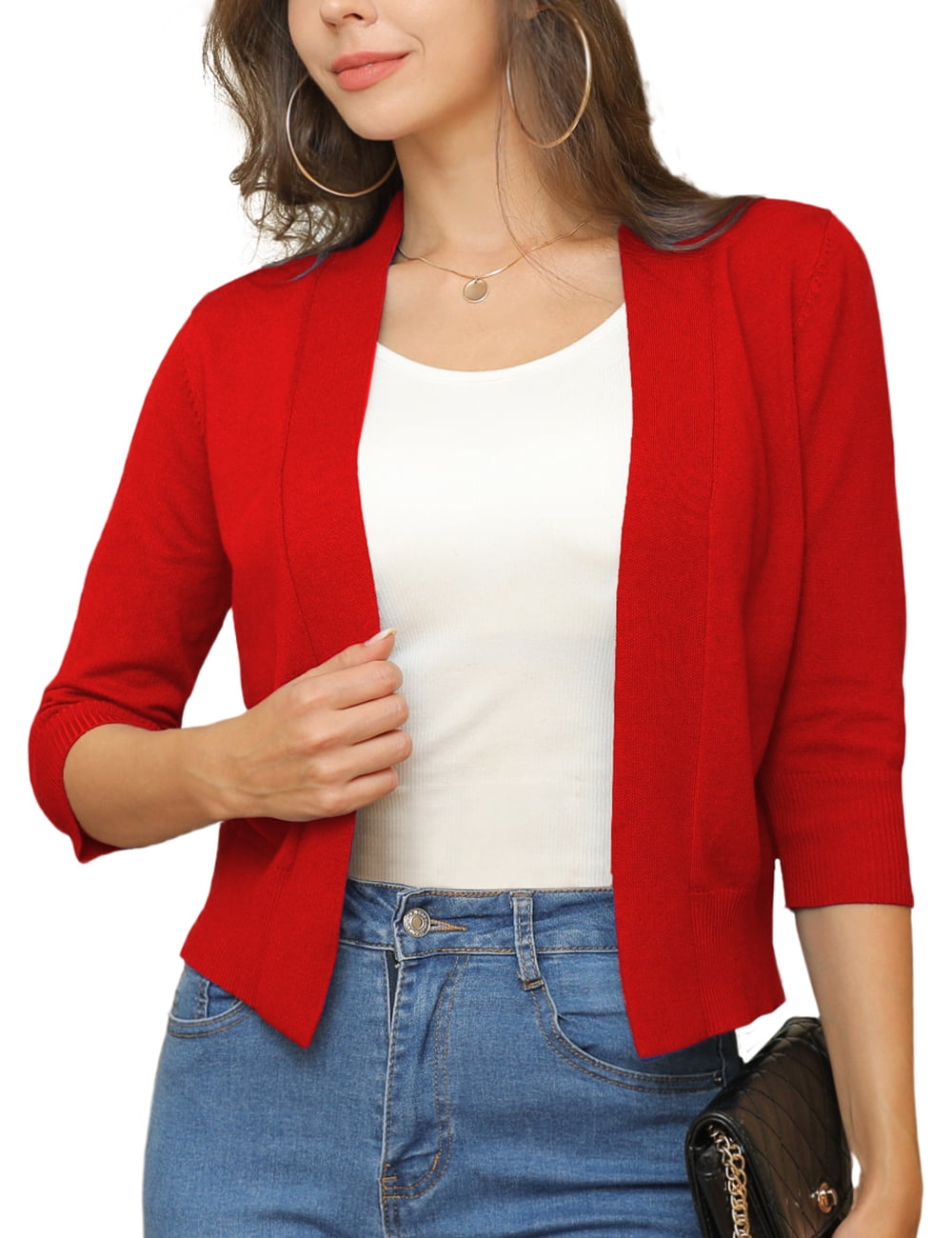 a.Jesdani Womens Cropped Cardigans Sweaters 3/4 Sleeve Open Front Short Shrugs S-XXL