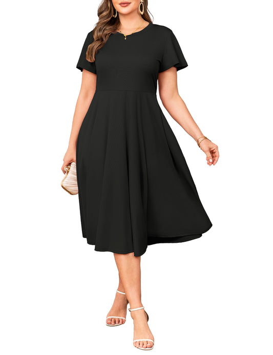 a.Jesdani Womens Plus Size Dresses Flutter Sleeve A-Line Midi Dress Wedding Guest Dress Black 1X