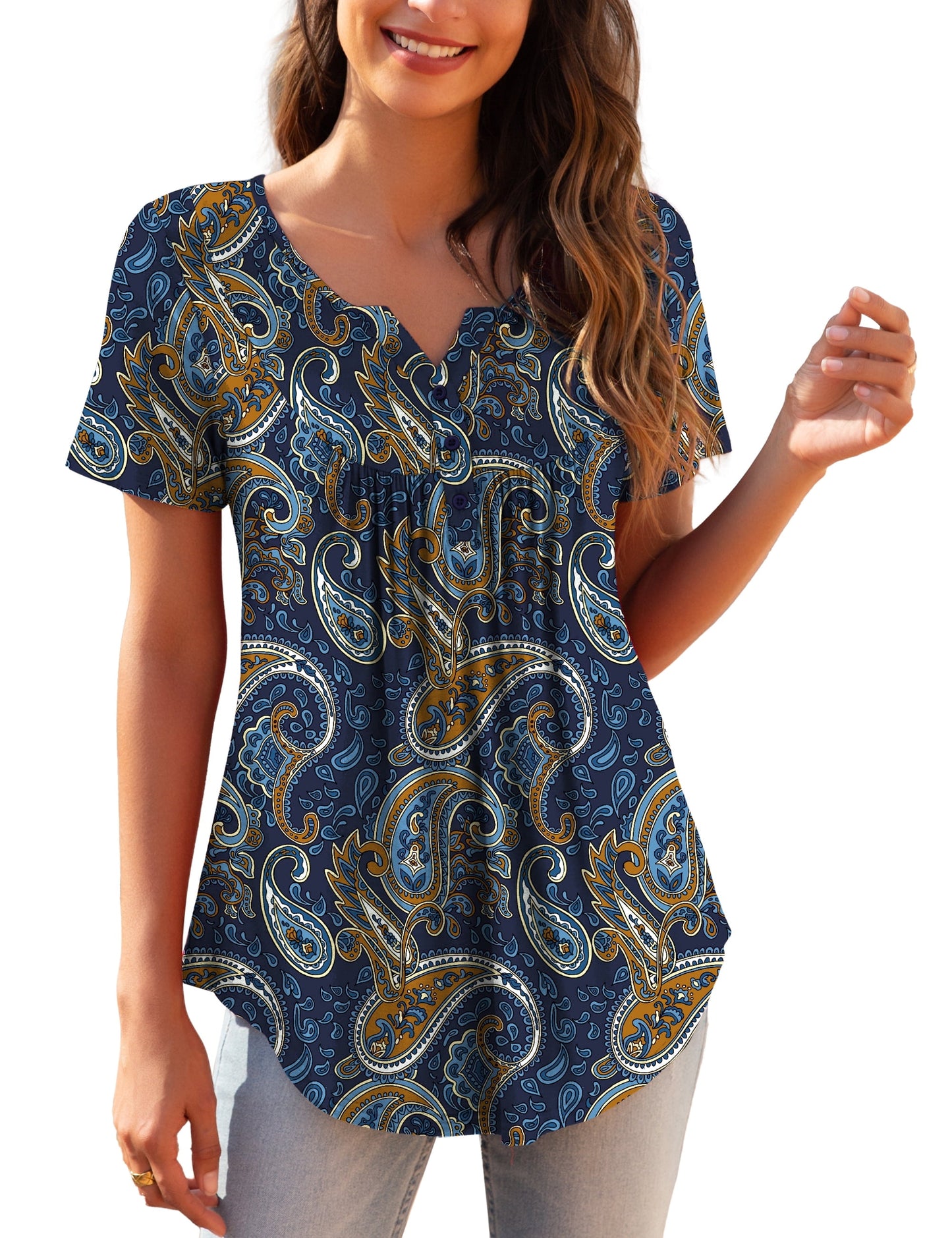 a.Jesdani Womens Plus Size Tunic Tops Short Sleeve Casual Floral Henley Shirts m-4x