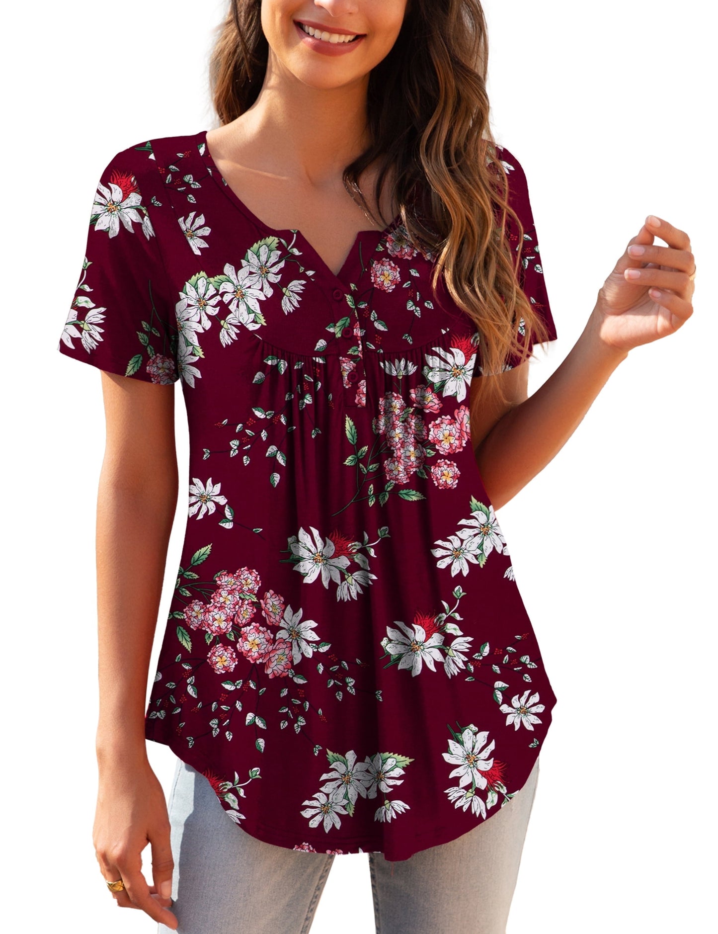 a.Jesdani Womens Plus Size Tunic Tops Short Sleeve Casual Floral Henley Shirts m-4x