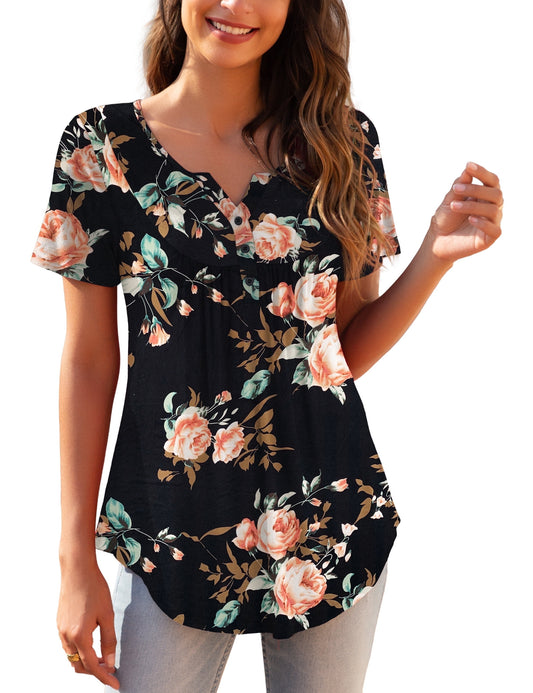 a.Jesdani Womens Plus Size Tunic Tops Short Sleeve Casual Floral Henley Shirts m-4x