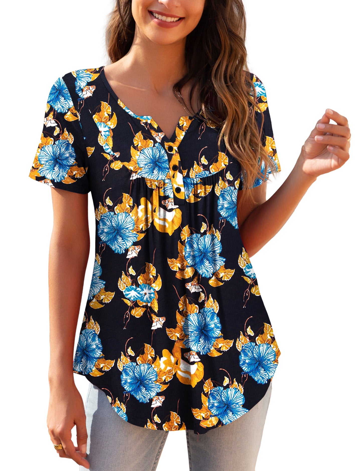 a.Jesdani Womens Plus Size Tunic Tops Short Sleeve Casual Floral Henley Shirts m-4x