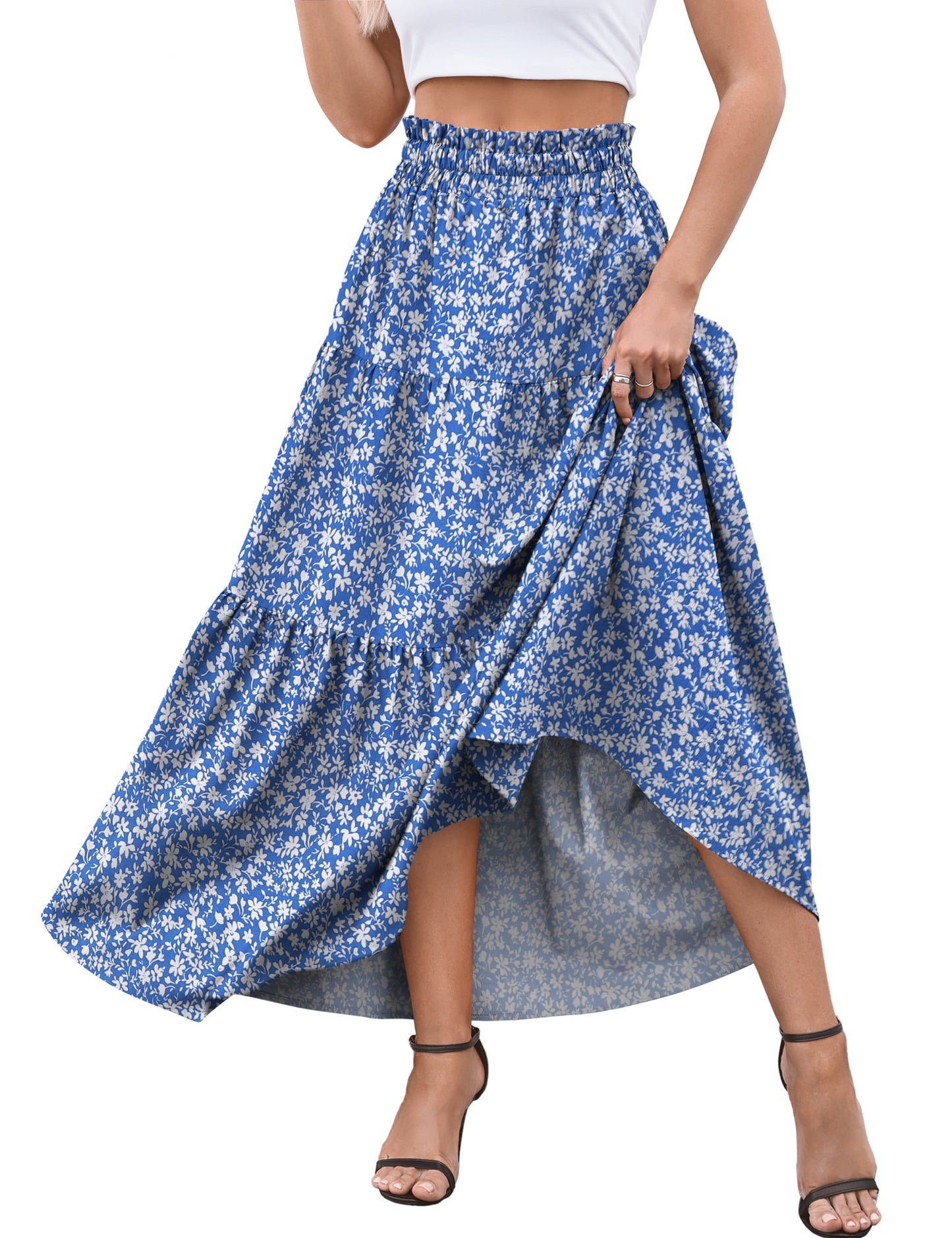 a.Jesdani Womens Maxi Skirts Casual Elastic High Waist Swing Tiered Beach Maxi Skirt s-xxl