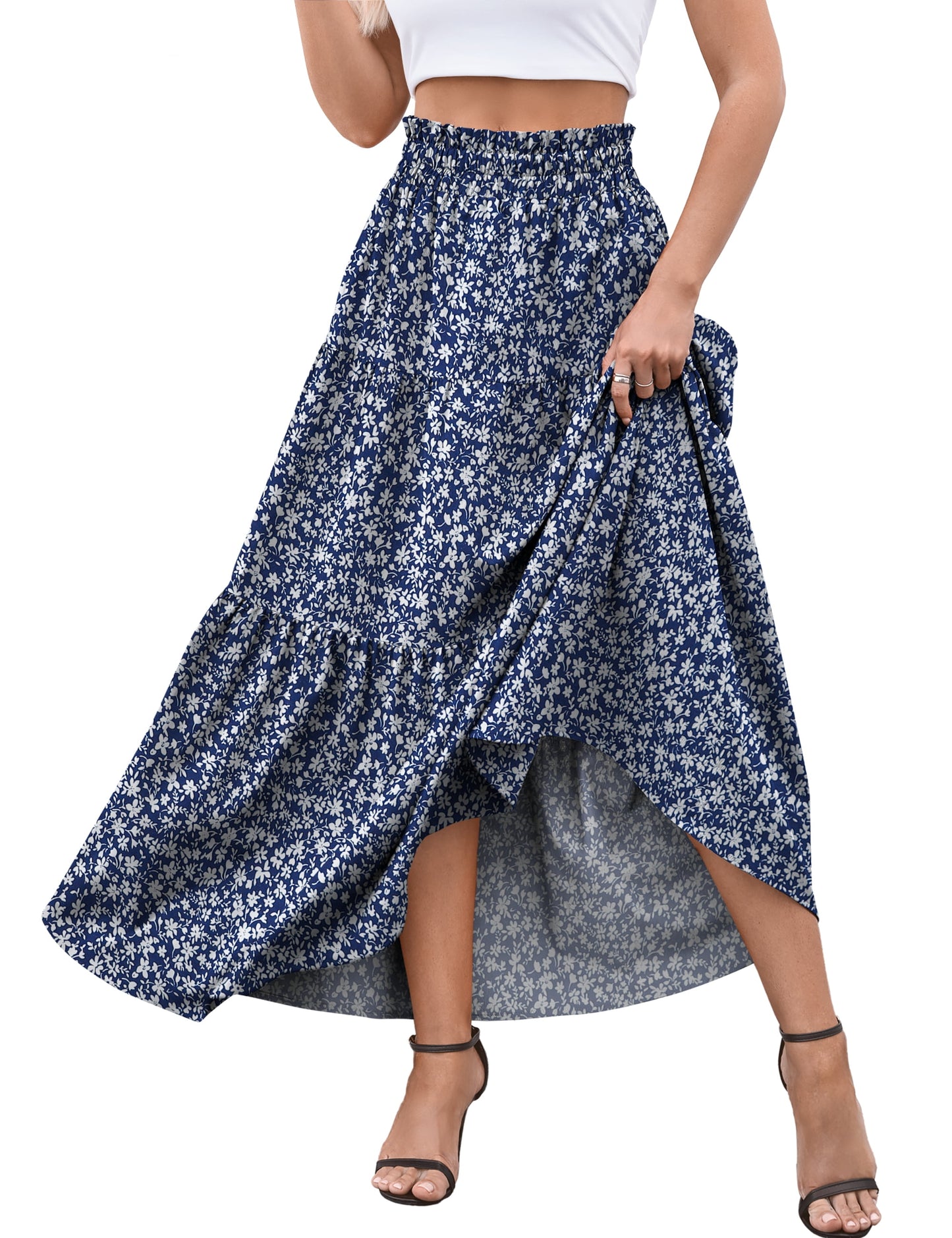 a.Jesdani Womens Maxi Skirts Casual Elastic High Waist Swing Tiered Beach Maxi Skirt s-xxl