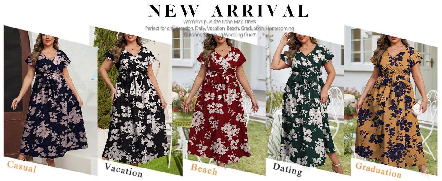 a.Jesdani Women's Plus Size Maxi Dress Boho Floral Butterfly Sleeve V Neck Flowy Maxi Dress Party Wedding Guest Dress L-4X