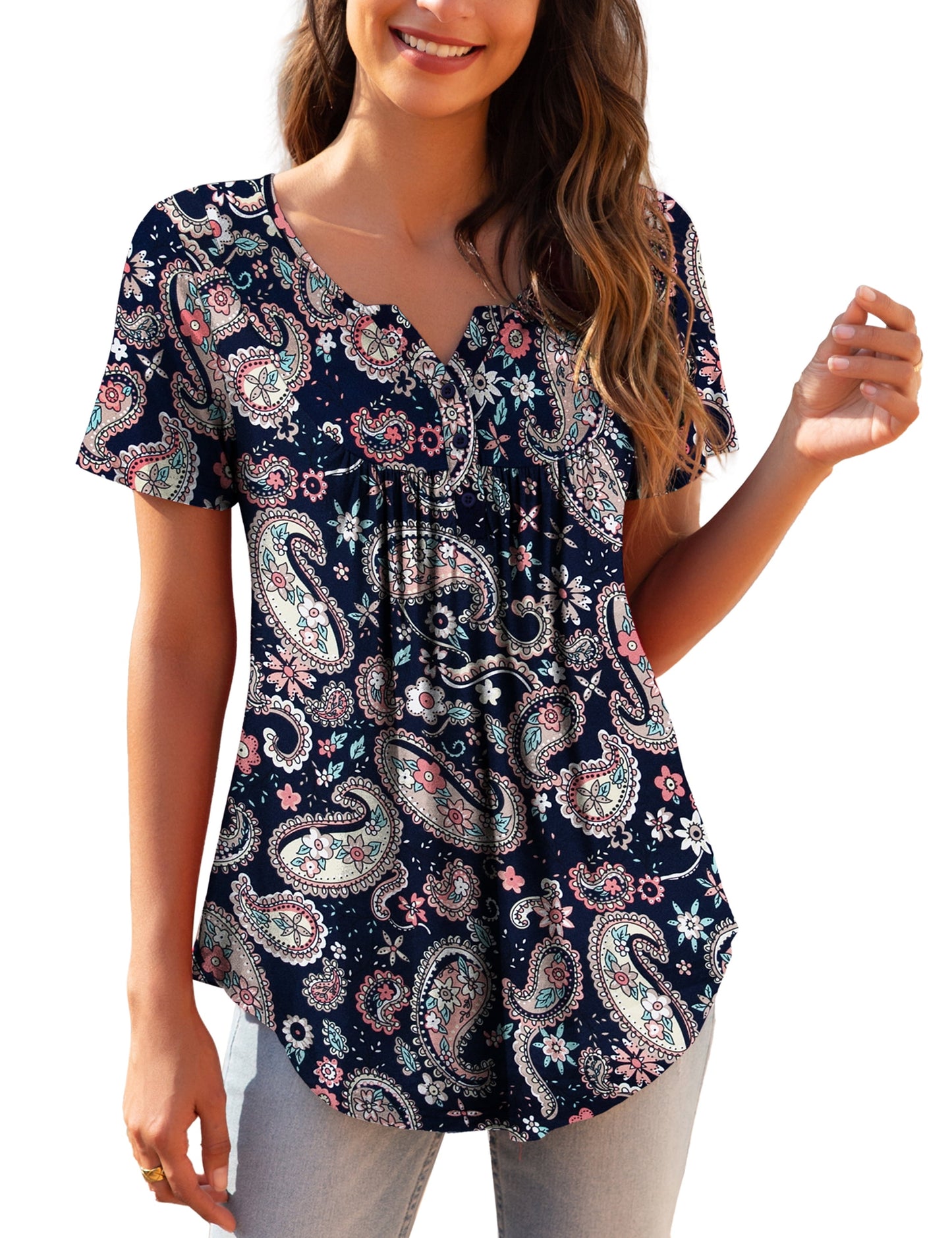 a.Jesdani Womens Plus Size Tunic Tops Short Sleeve Casual Floral Henley Shirts m-4x