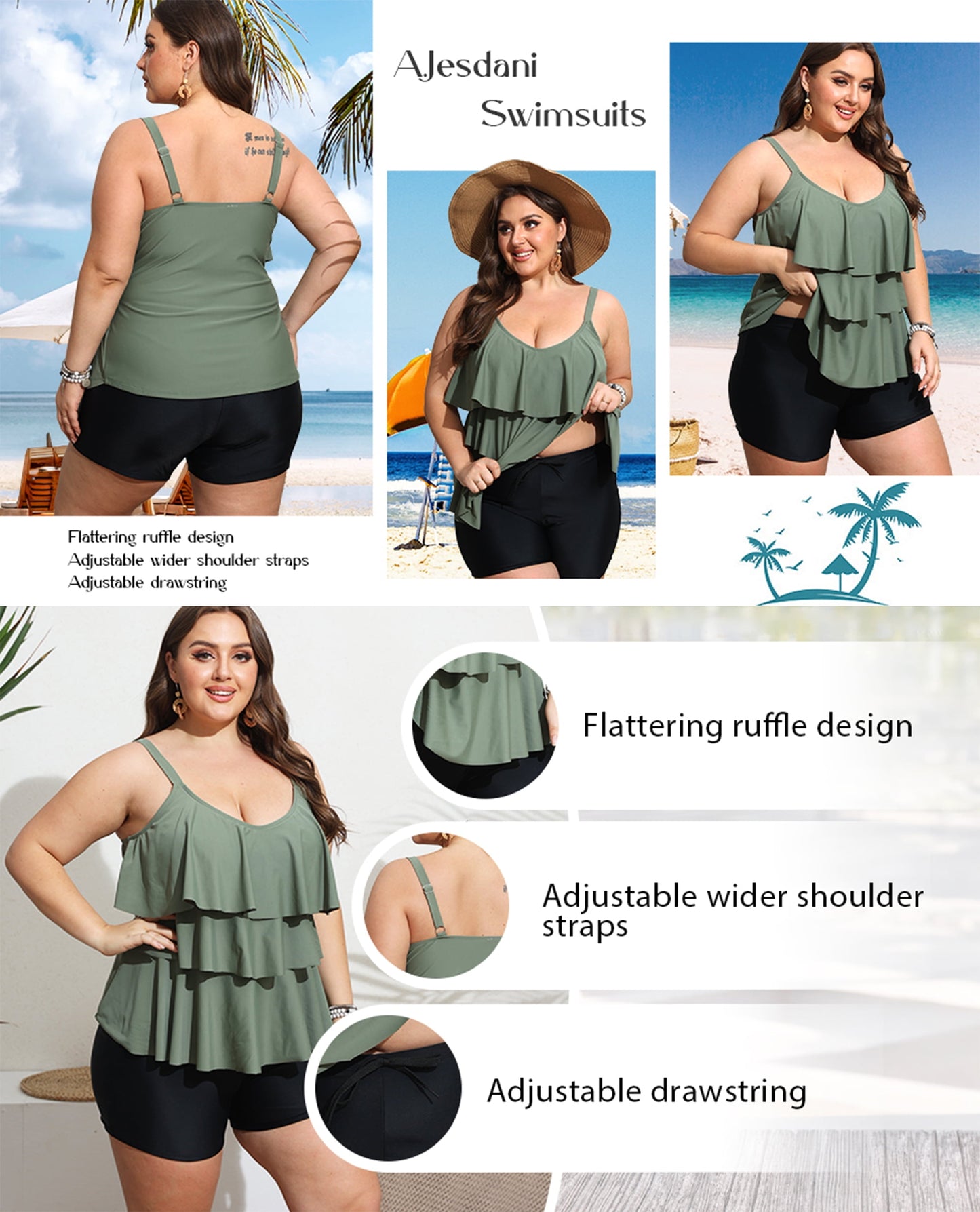 a.Jesdani Women Plus Size Tankini Swimsuits Tummy Control Two Piece Bathing Suit Ruffled Flounce Swimwear with Shorts 0X-5X