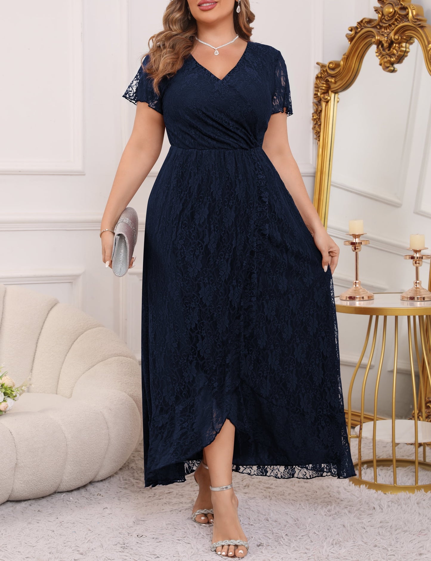 a.Jesdani Women's Plus Size Formal Dresses Lace V Neck Ruffles Sleeves Wedding Guest Dresses L-4X